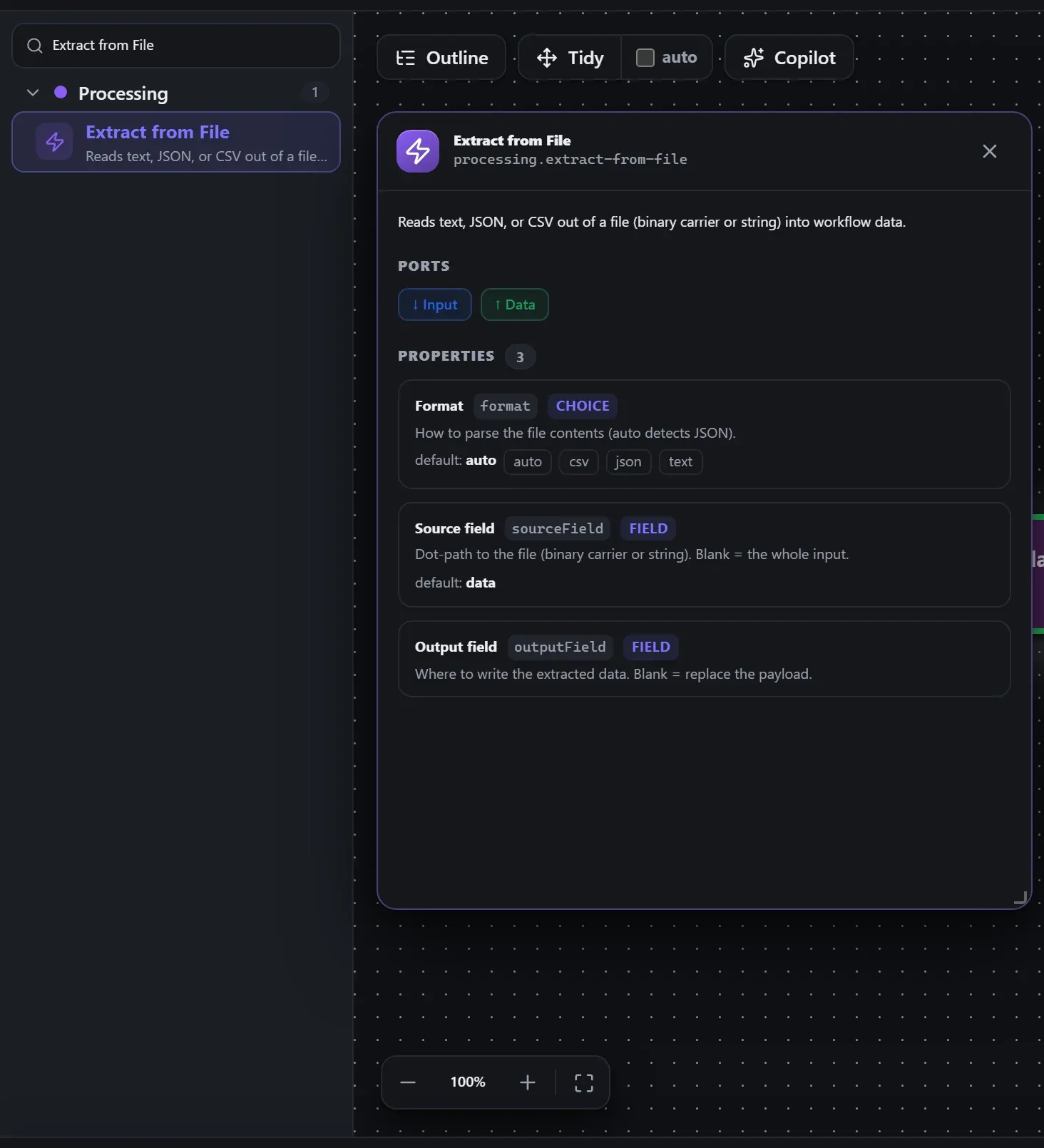 Extract from File in the node library, with the in-editor docs panel open