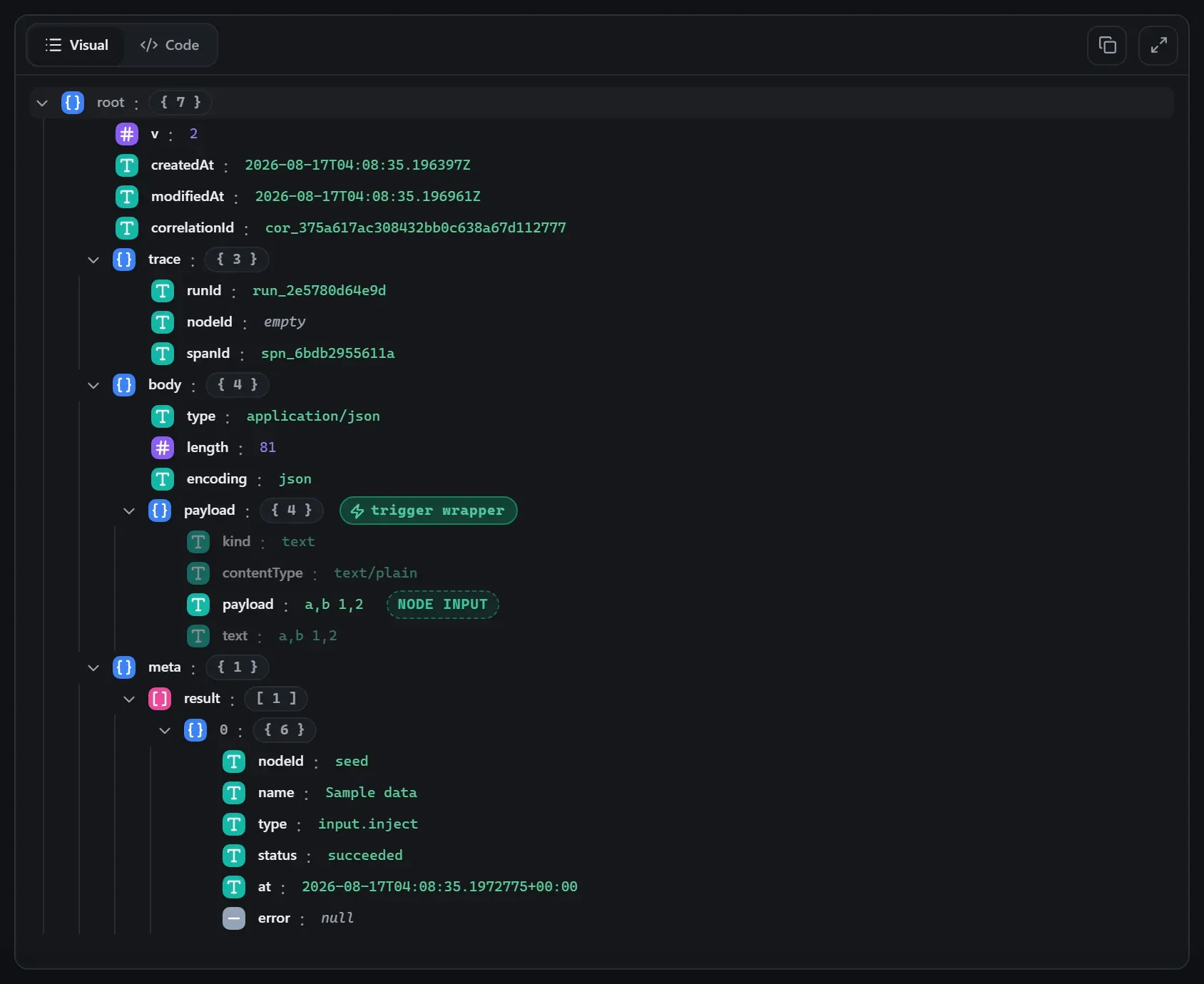 The Extract from File node's input envelope in the run data viewer