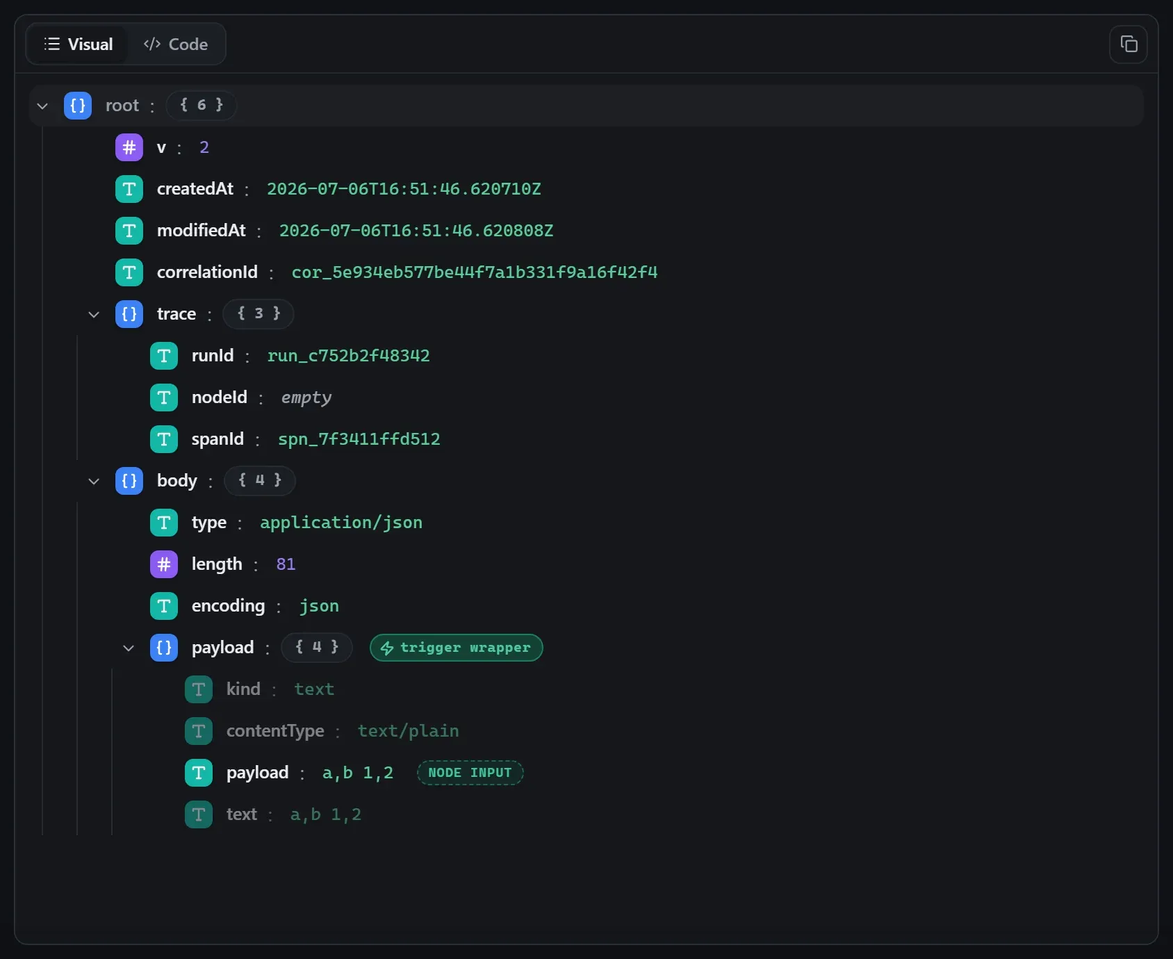The Extract from File node's input envelope in the run data viewer