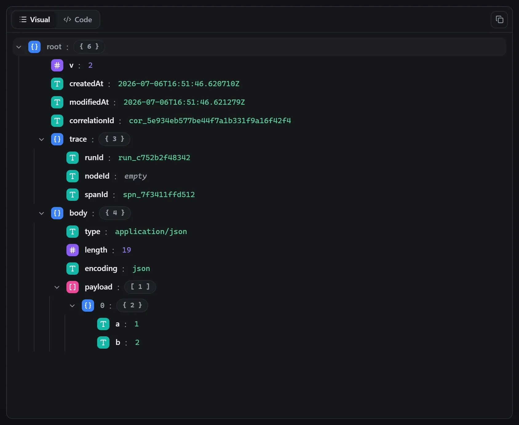 The Extract from File node's output envelope in the run data viewer