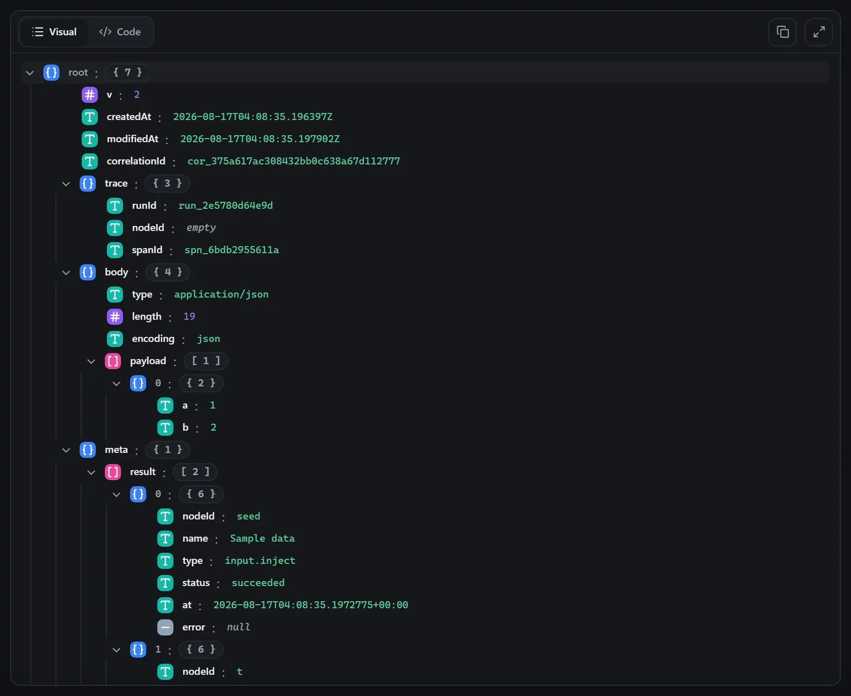 The Extract from File node's output envelope in the run data viewer