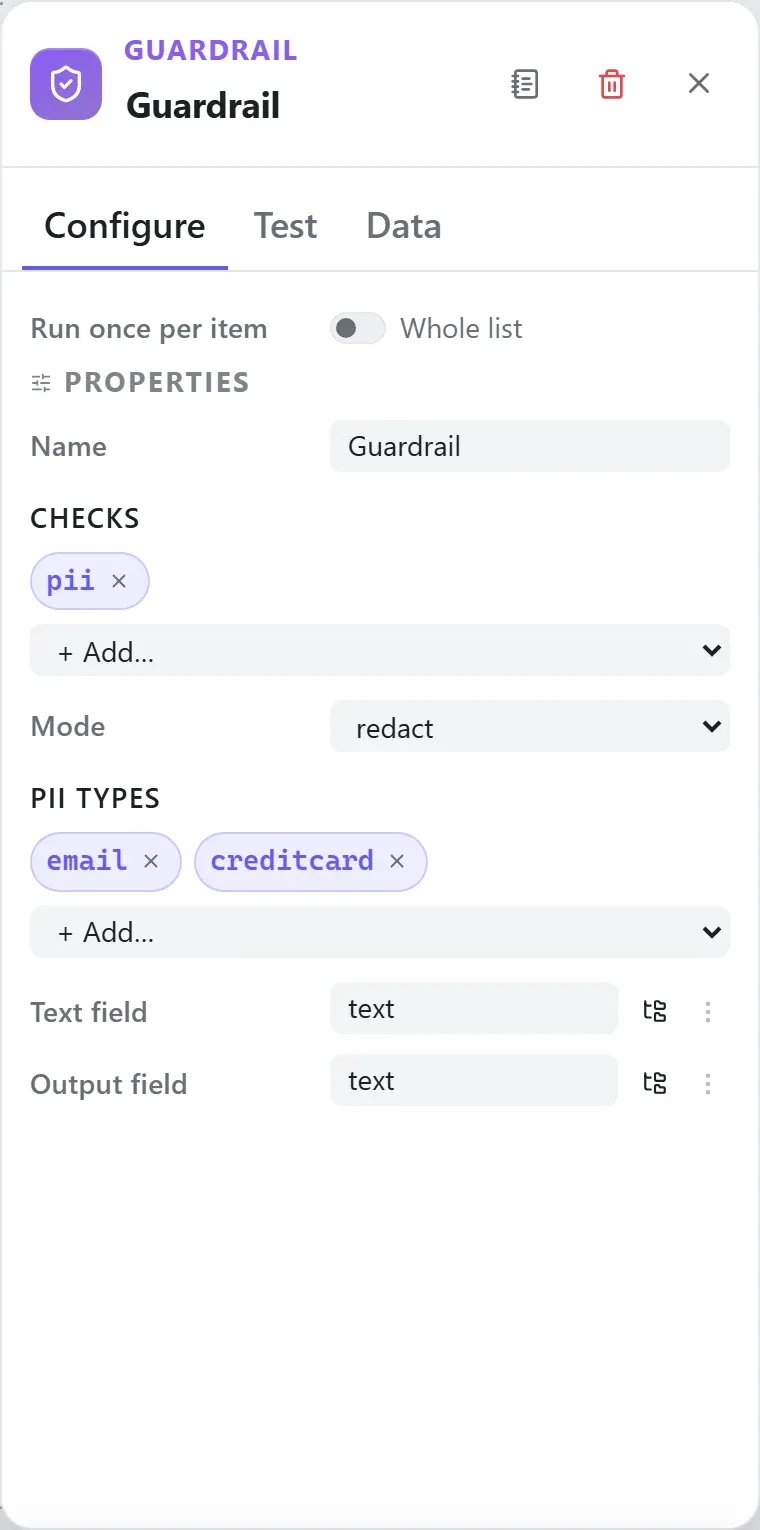 The Guardrail node's settings in the Studio builder