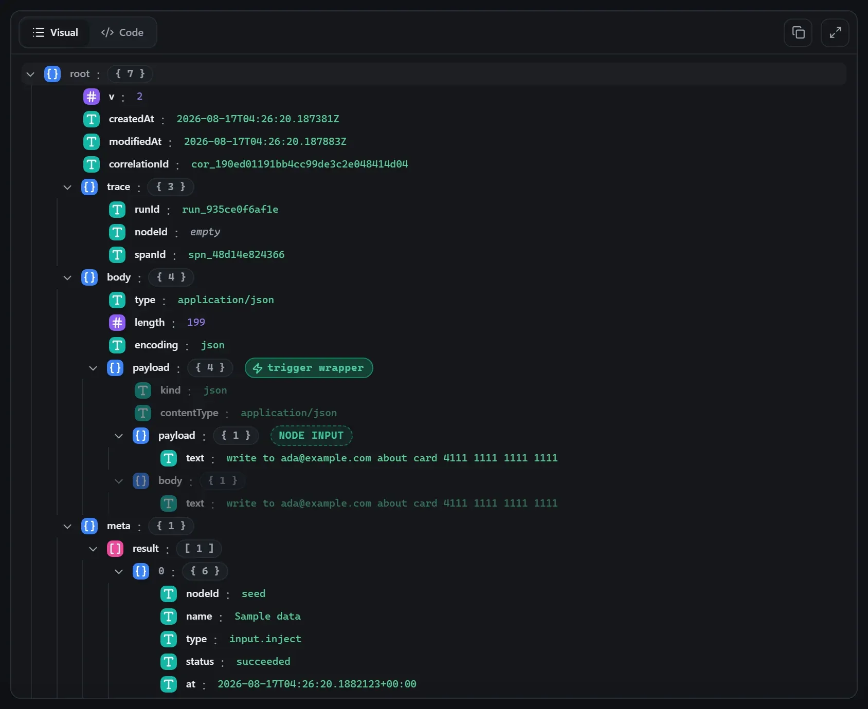 The Guardrail node's input envelope in the run data viewer