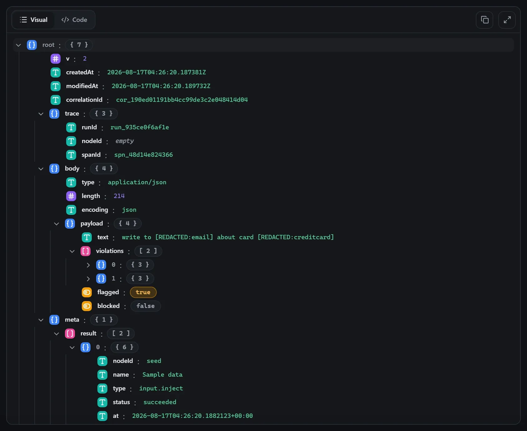 The Guardrail node's output envelope in the run data viewer