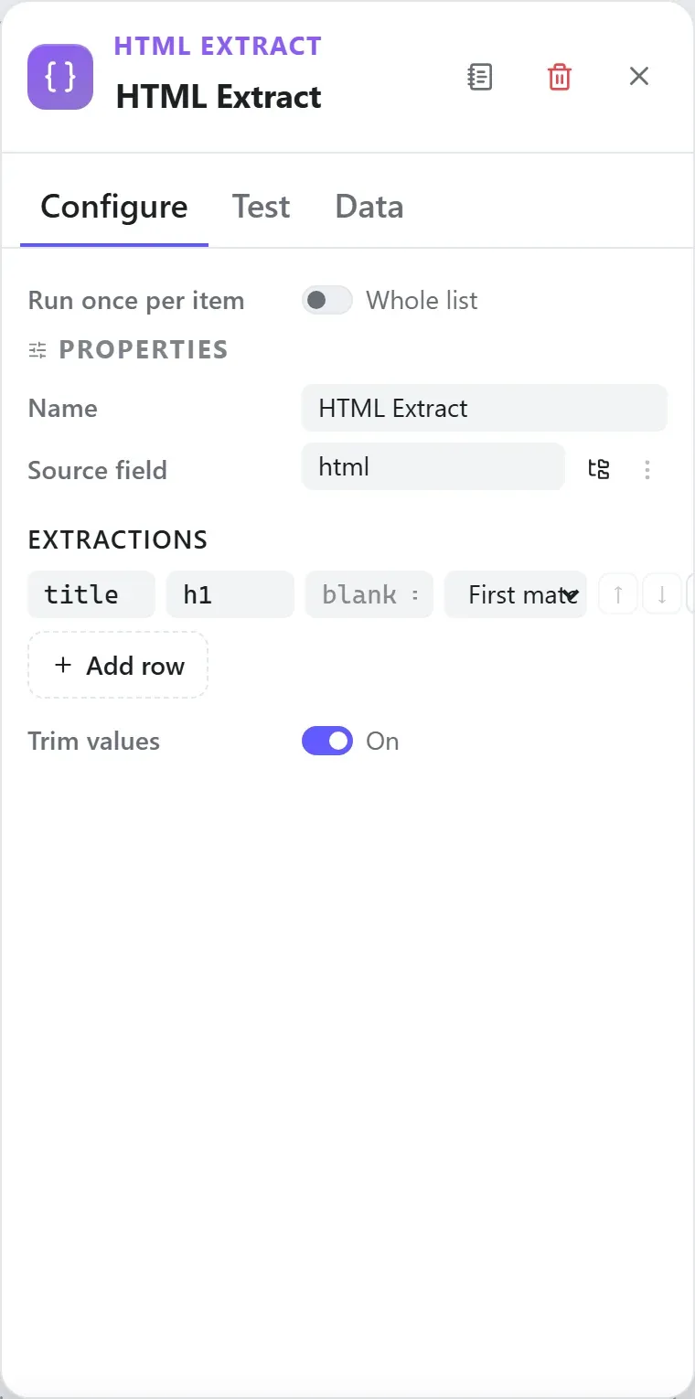 The HTML Extract node's settings in the Studio builder
