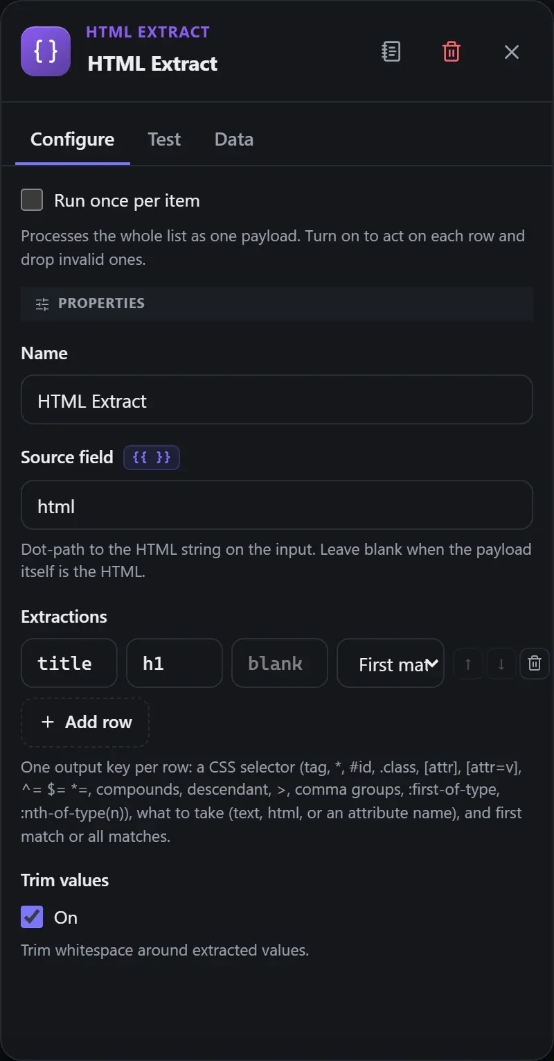 The HTML Extract node's Configure panel in the Studio builder