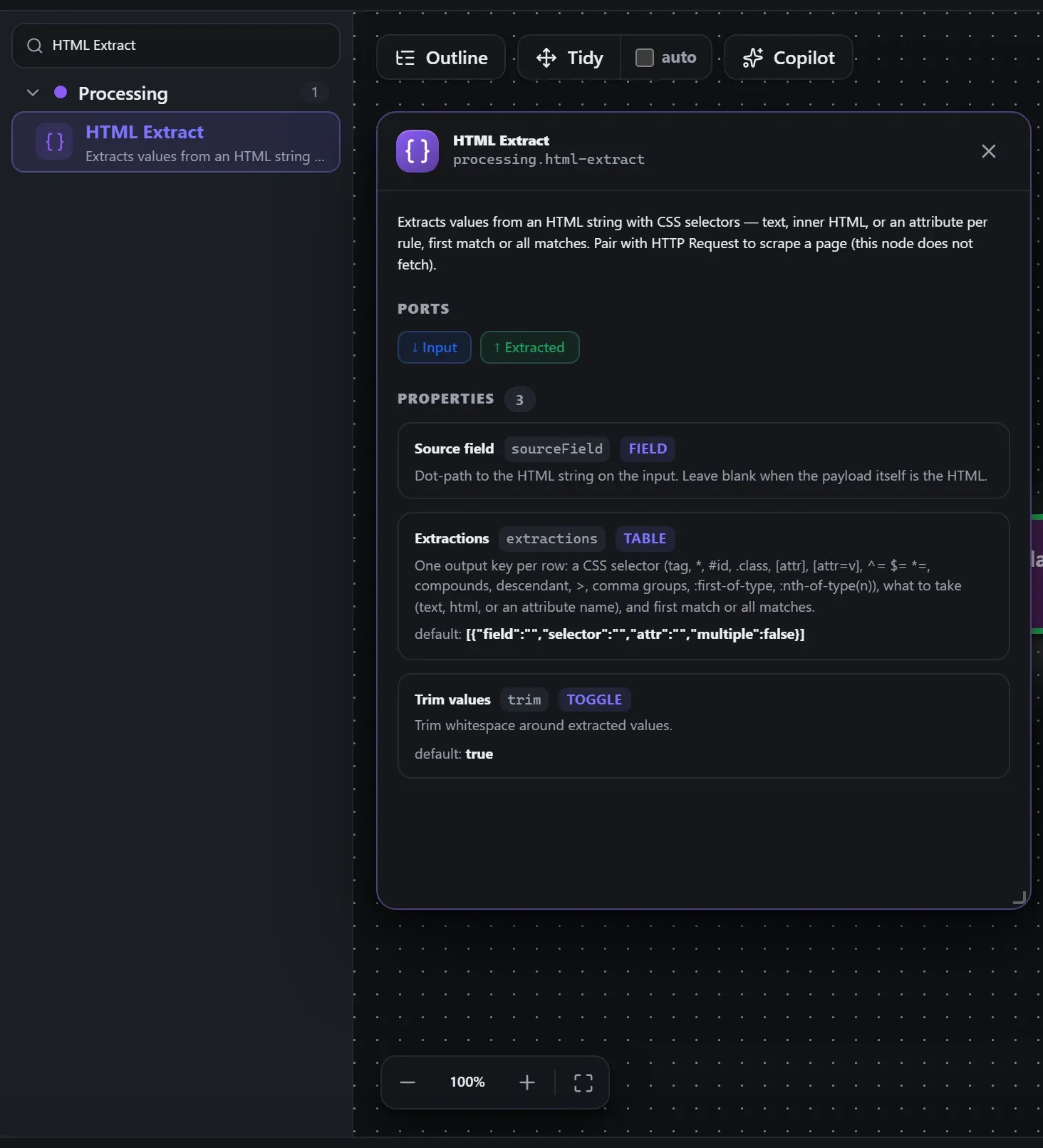 HTML Extract in the node library, with the in-editor docs panel open