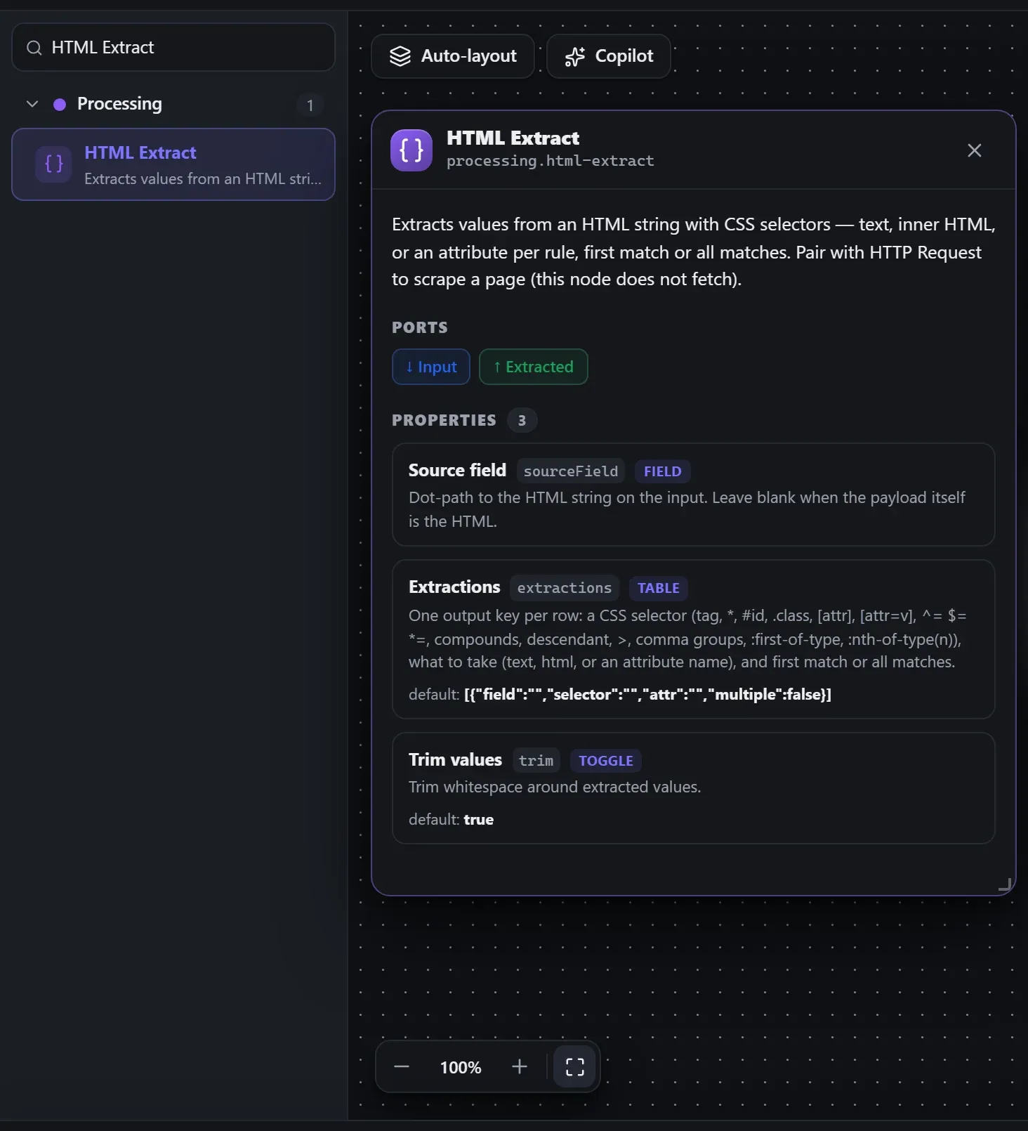 HTML Extract in the node library, with the in-editor docs panel open