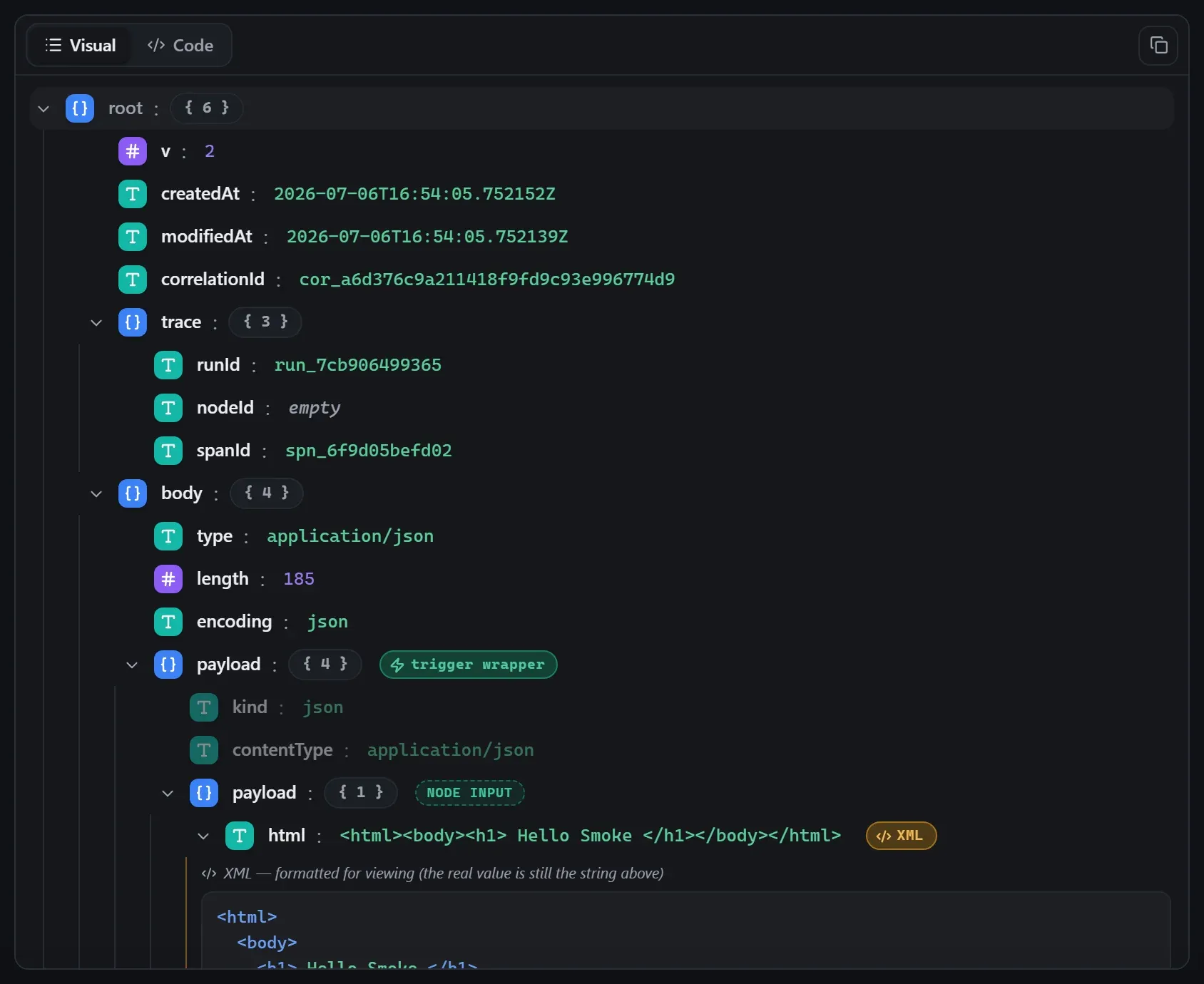 The HTML Extract node's input envelope in the run data viewer