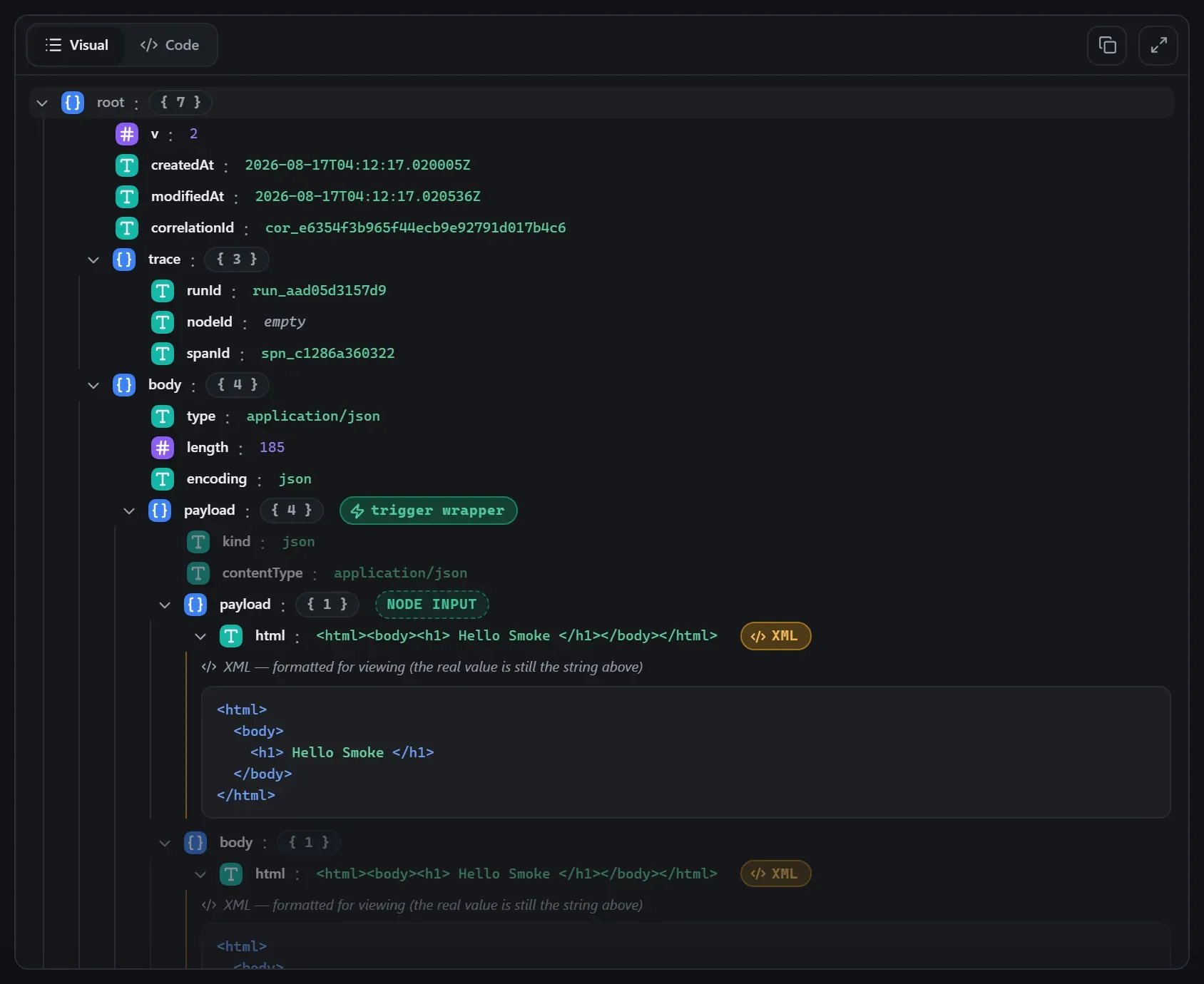 The HTML Extract node's input envelope in the run data viewer