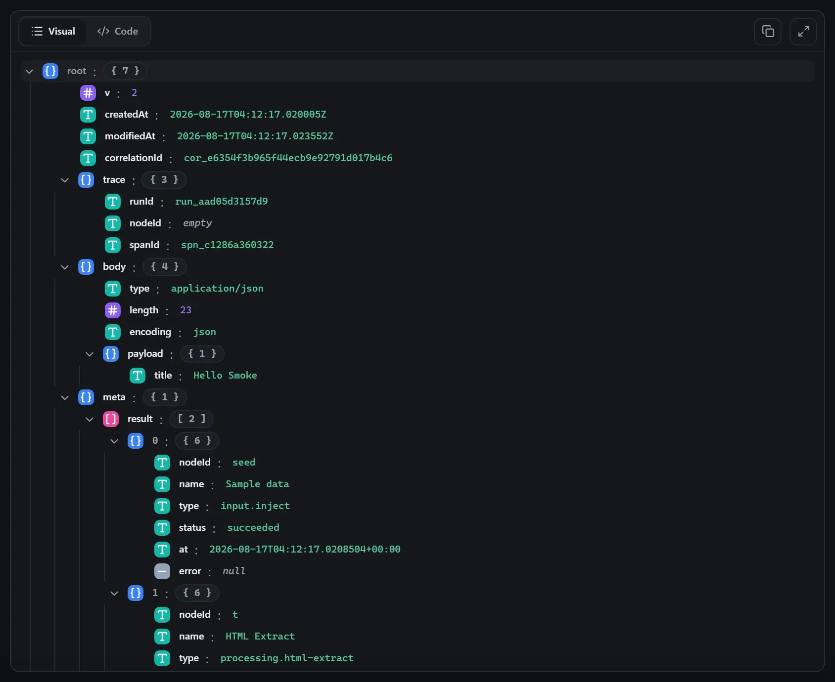 The HTML Extract node's output envelope in the run data viewer