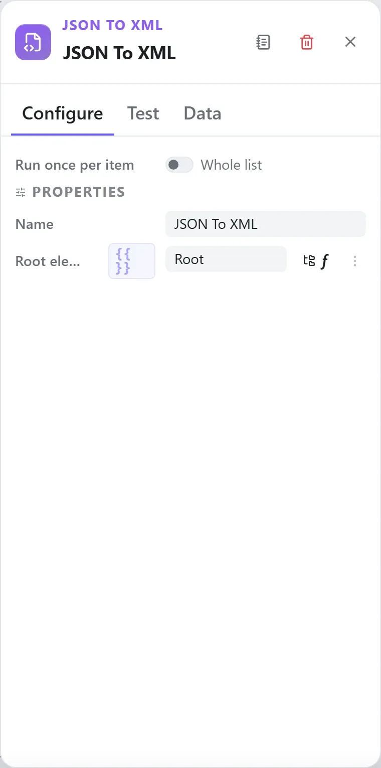 The JSON To XML node's settings in the Studio builder