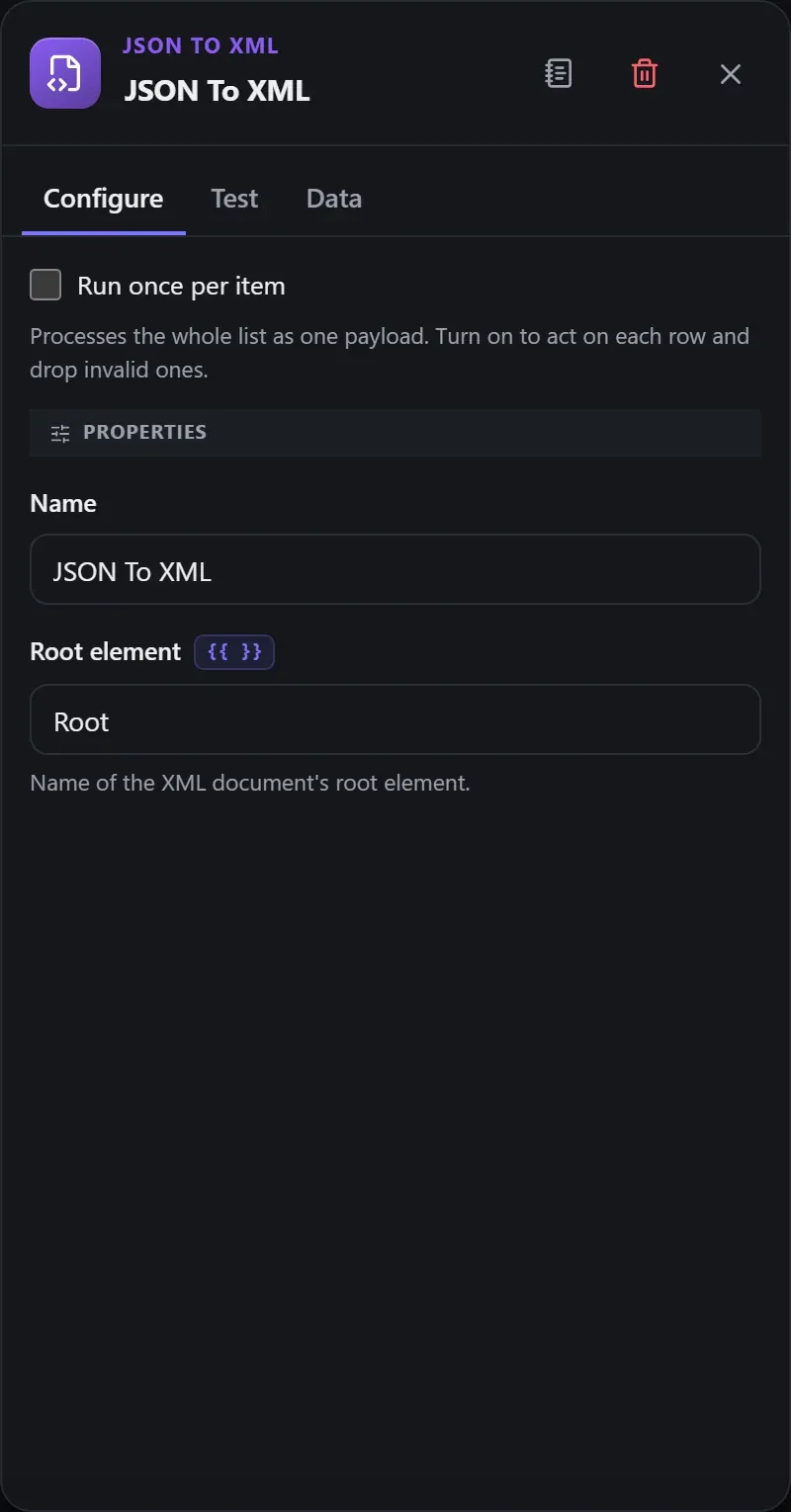 The JSON To XML node's Configure panel in the Studio builder