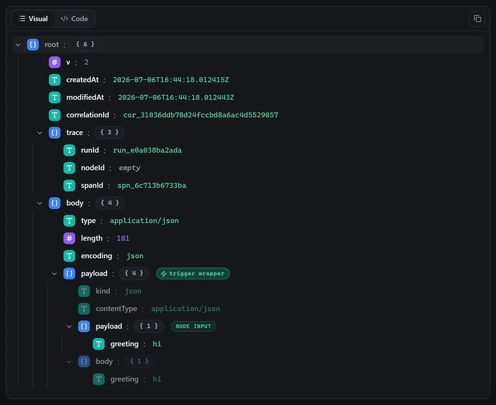 The JSON To XML node's input envelope in the run data viewer