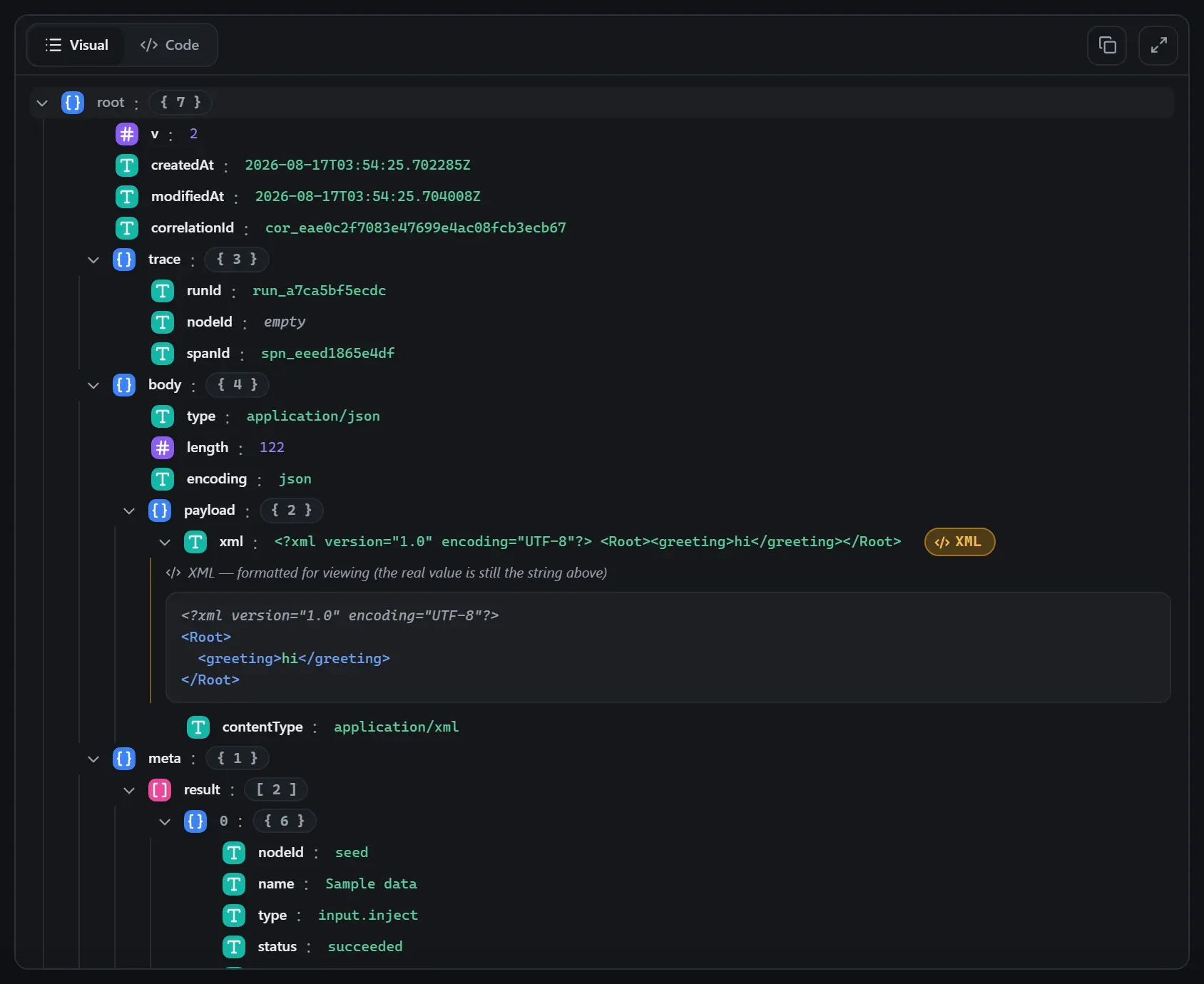 The JSON To XML node's output envelope in the run data viewer