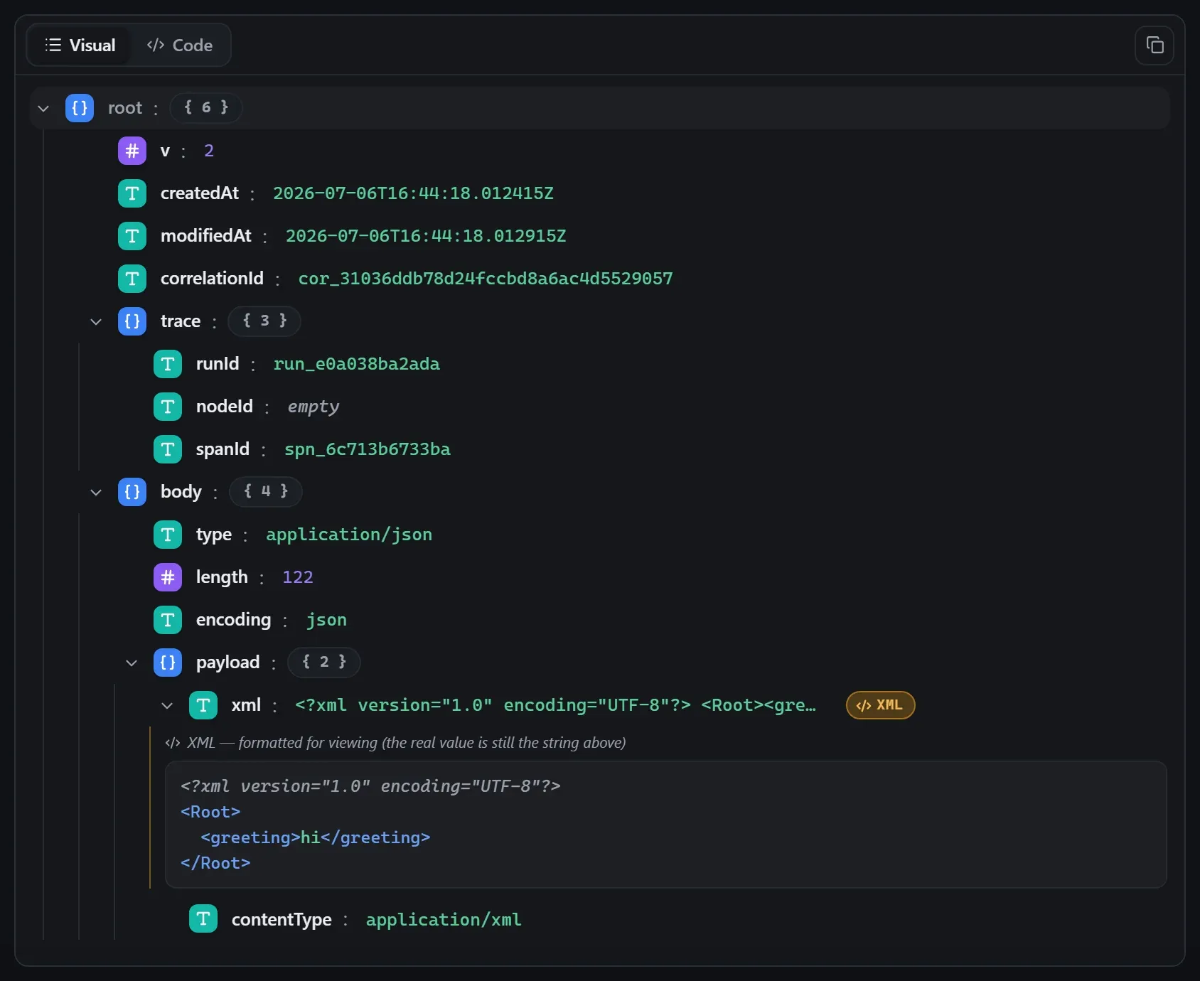 The JSON To XML node's output envelope in the run data viewer