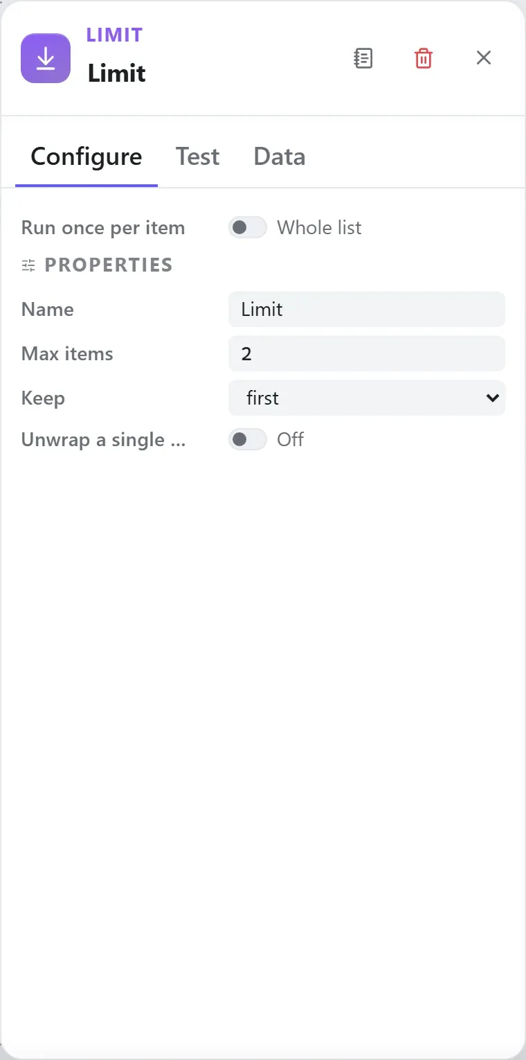 The Limit node's settings in the Studio builder