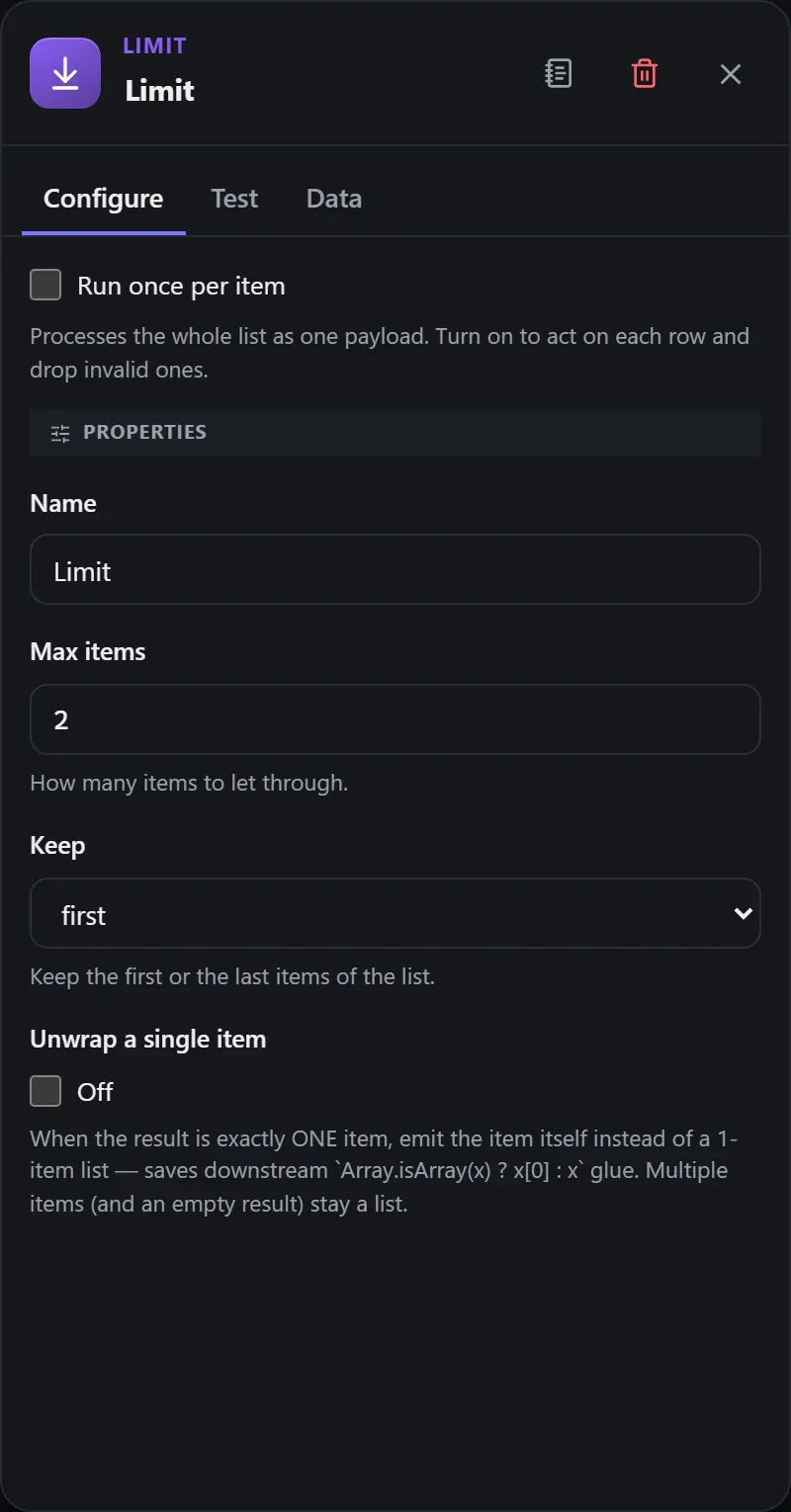 The Limit node's Configure panel in the Studio builder