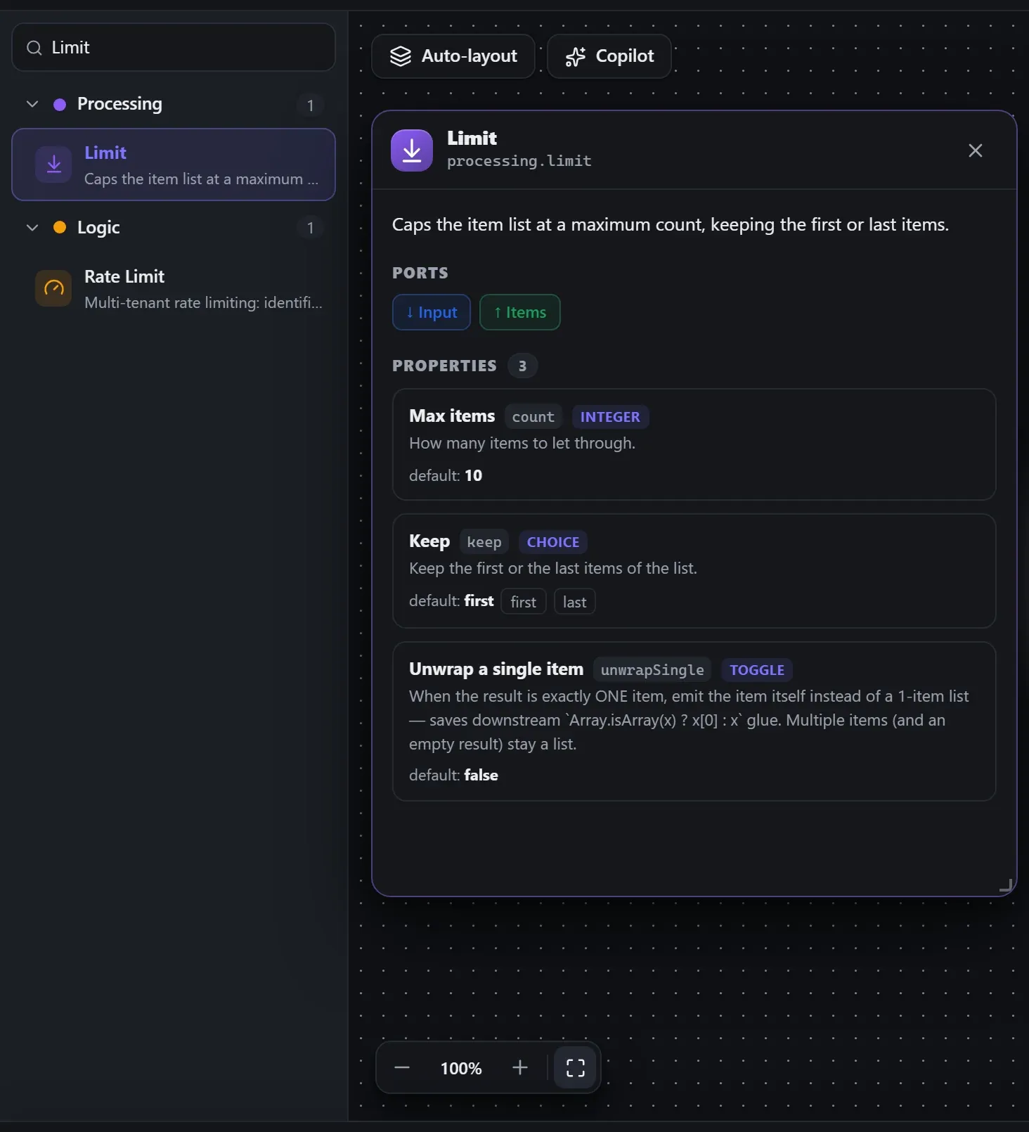 Limit in the node library, with the in-editor docs panel open