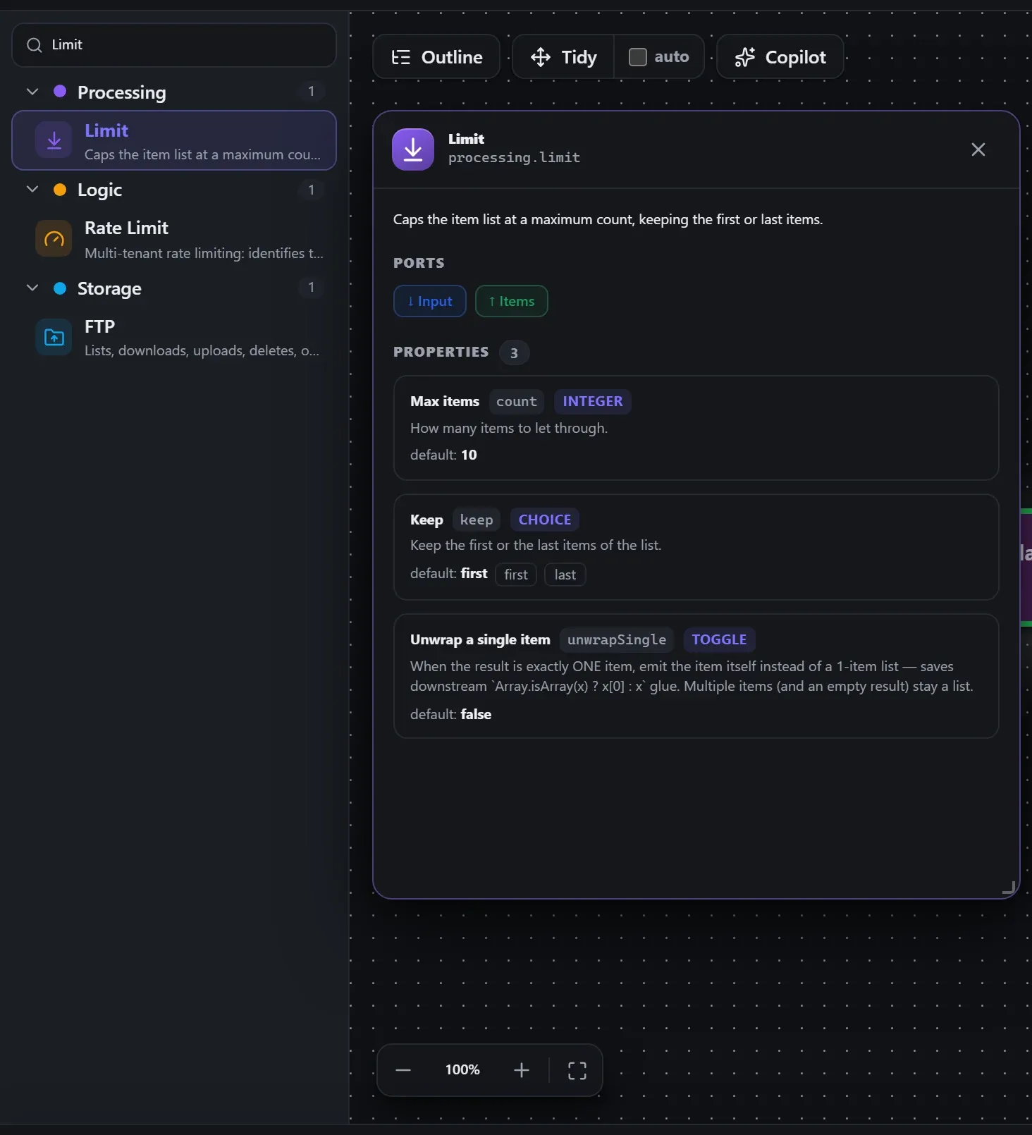 Limit in the node library, with the in-editor docs panel open