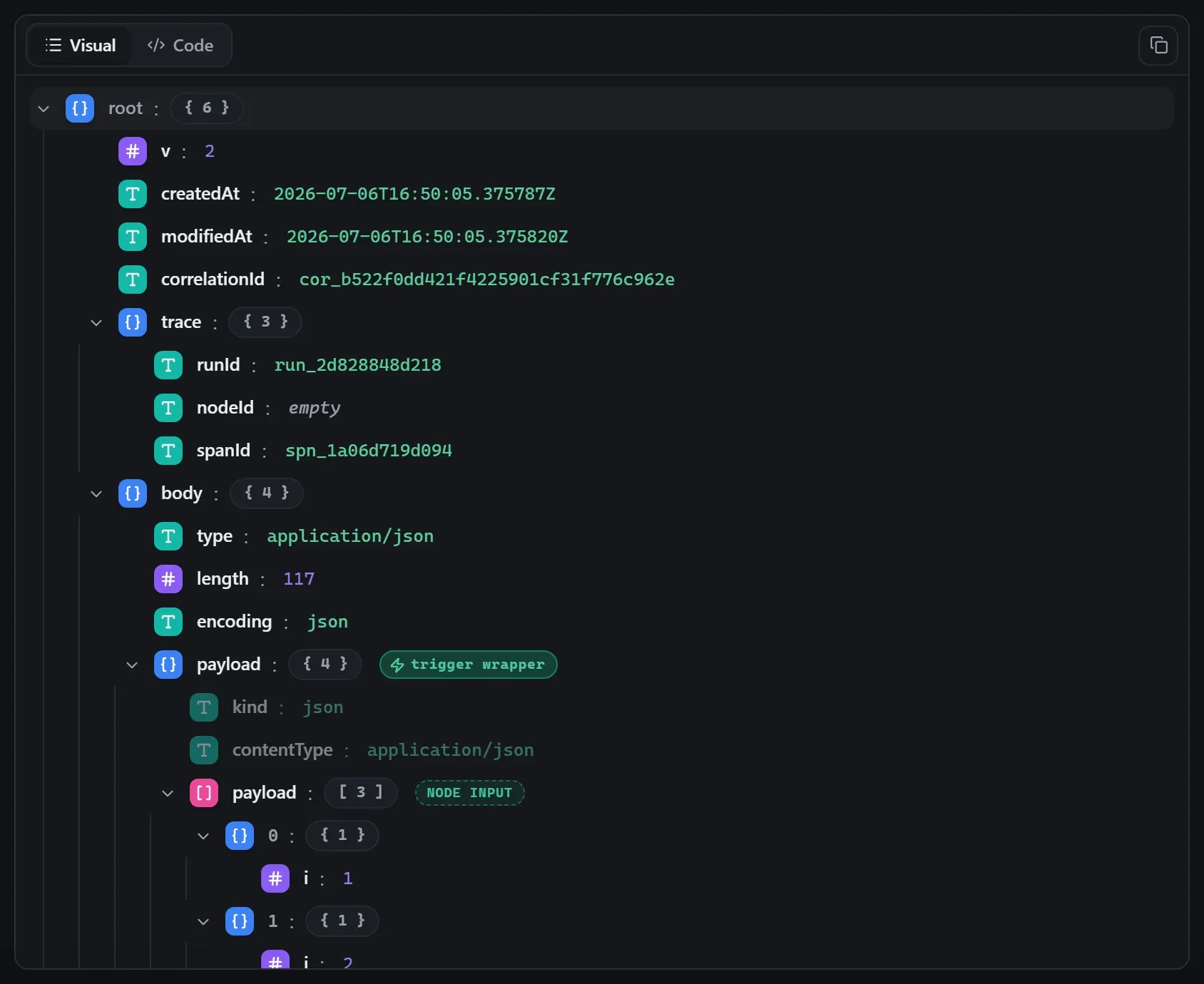 The Limit node's input envelope in the run data viewer