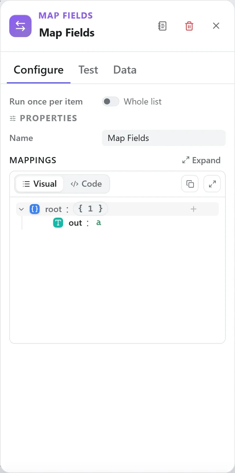 The Map Fields node's settings in the Studio builder