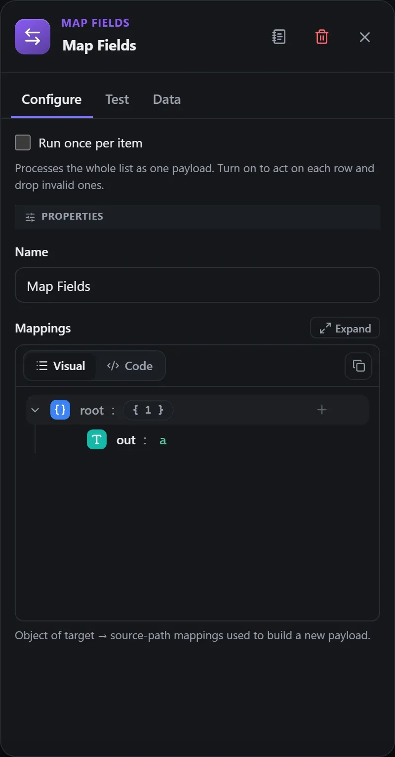 The Map Fields node's Configure panel in the Studio builder