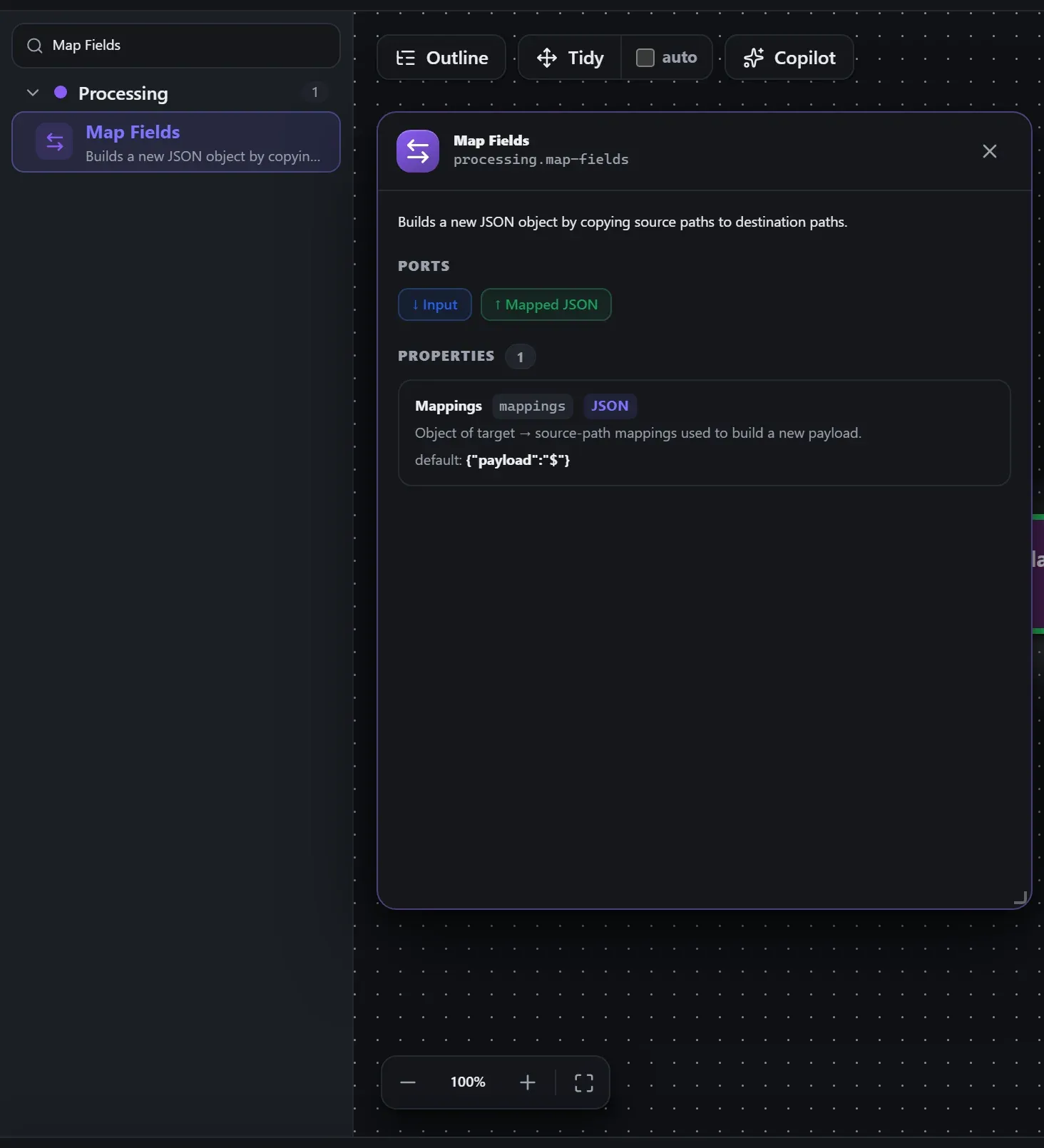 Map Fields in the node library, with the in-editor docs panel open
