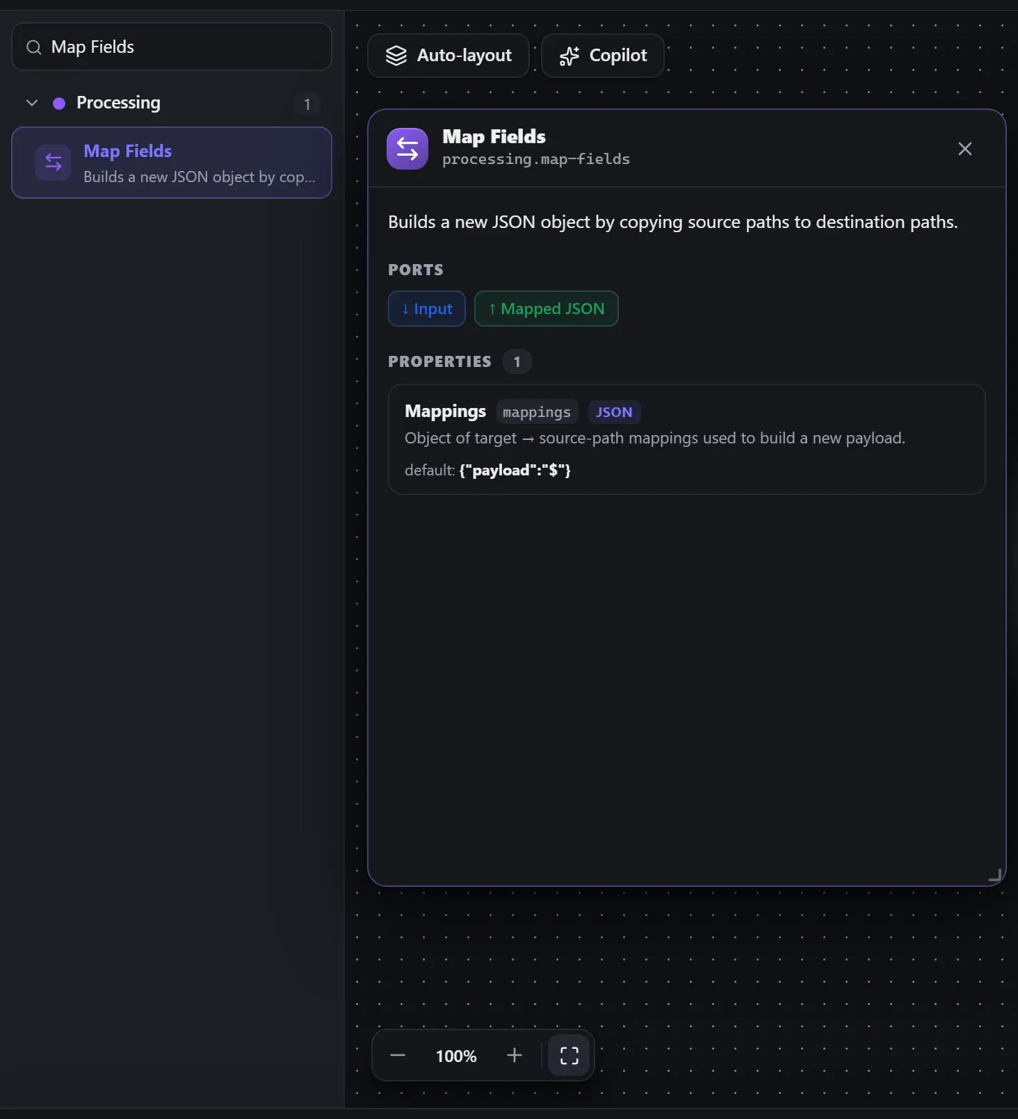 Map Fields in the node library, with the in-editor docs panel open