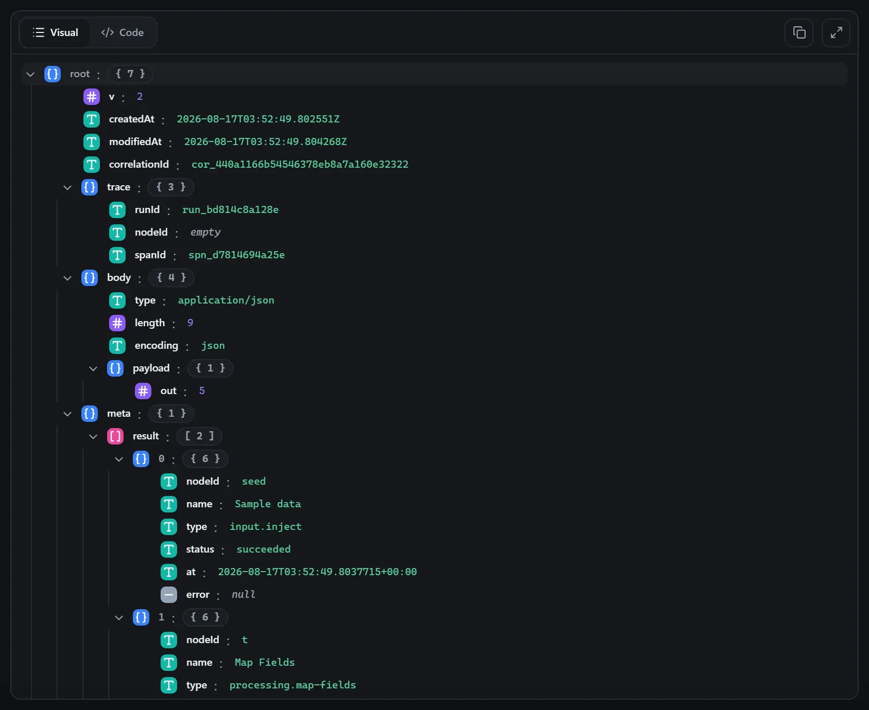 The Map Fields node's output envelope in the run data viewer