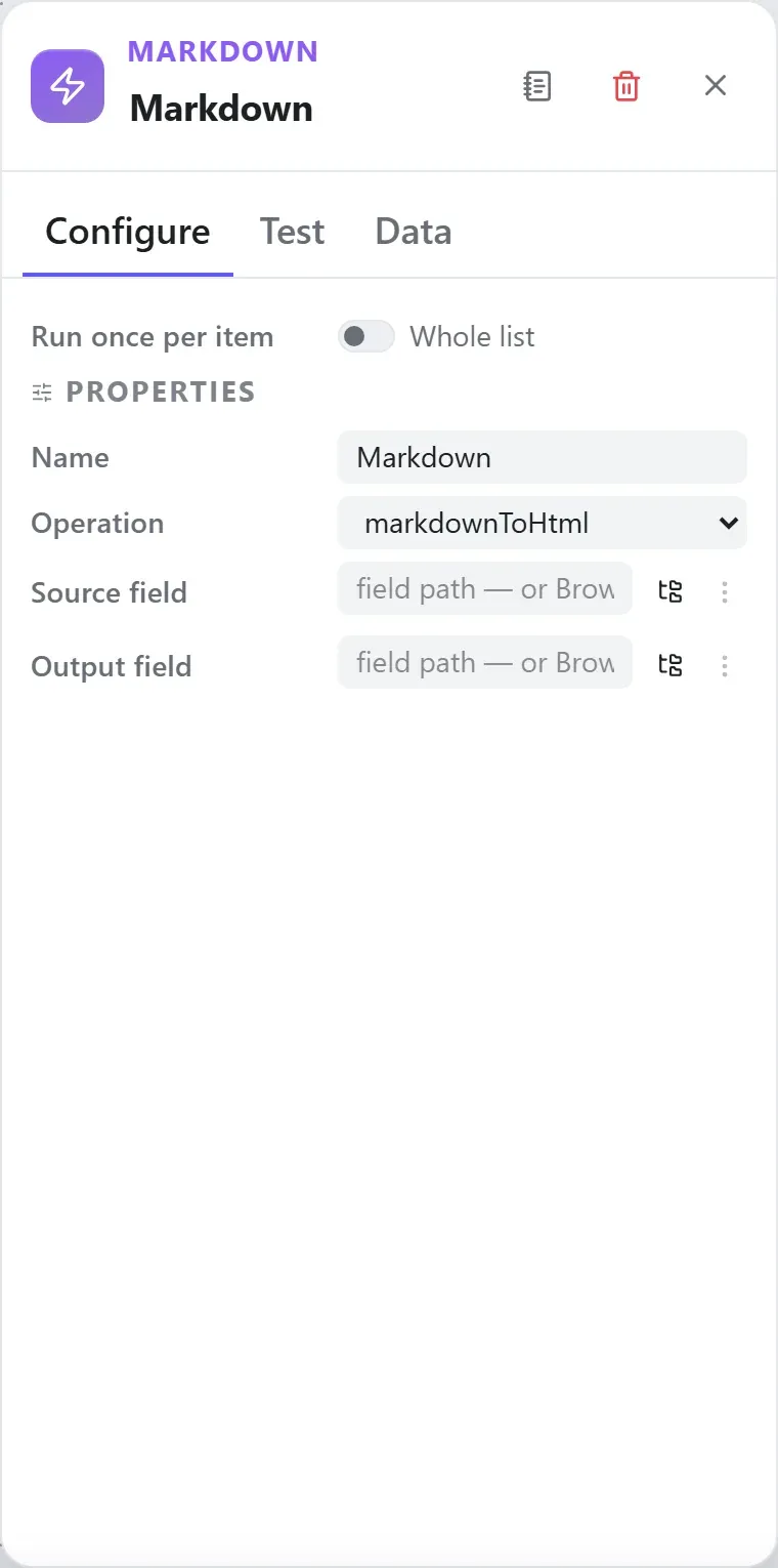 The Markdown node's settings in the Studio builder