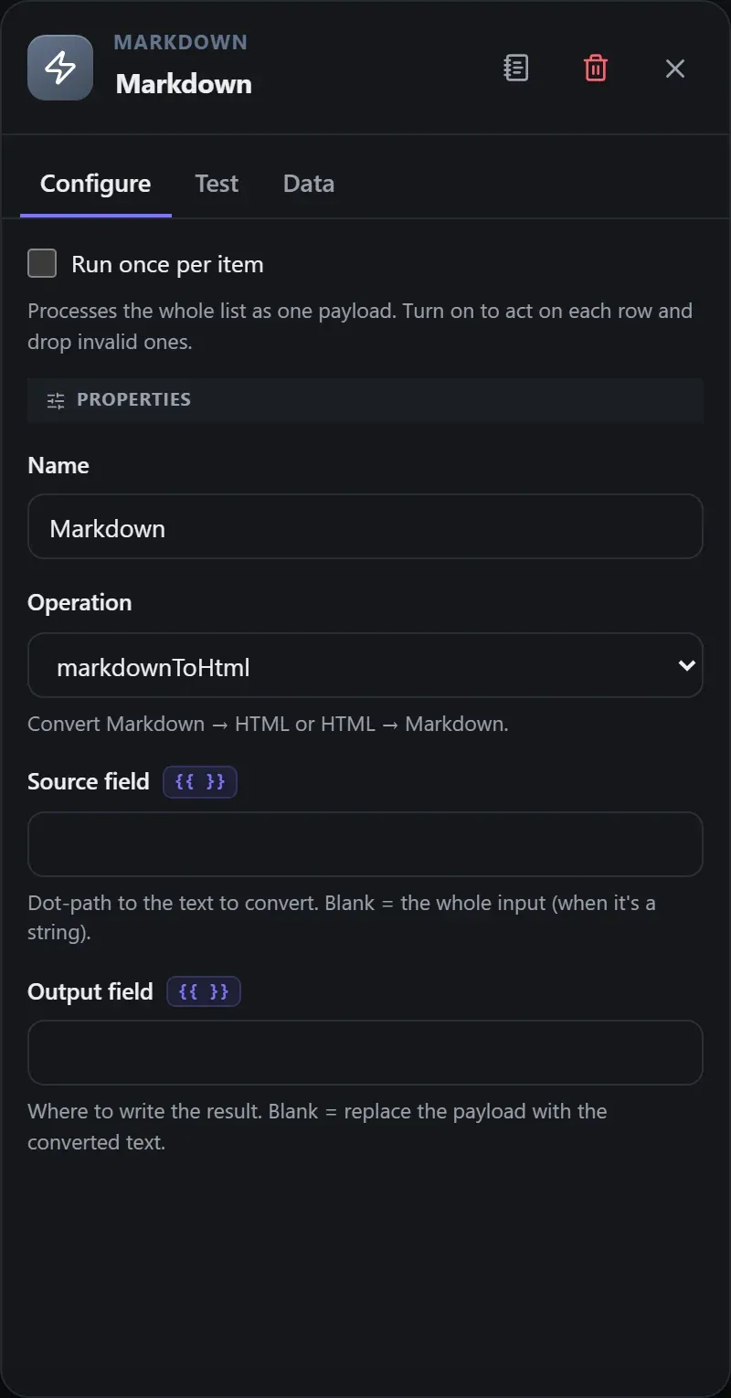 The Markdown node's Configure panel in the Studio builder