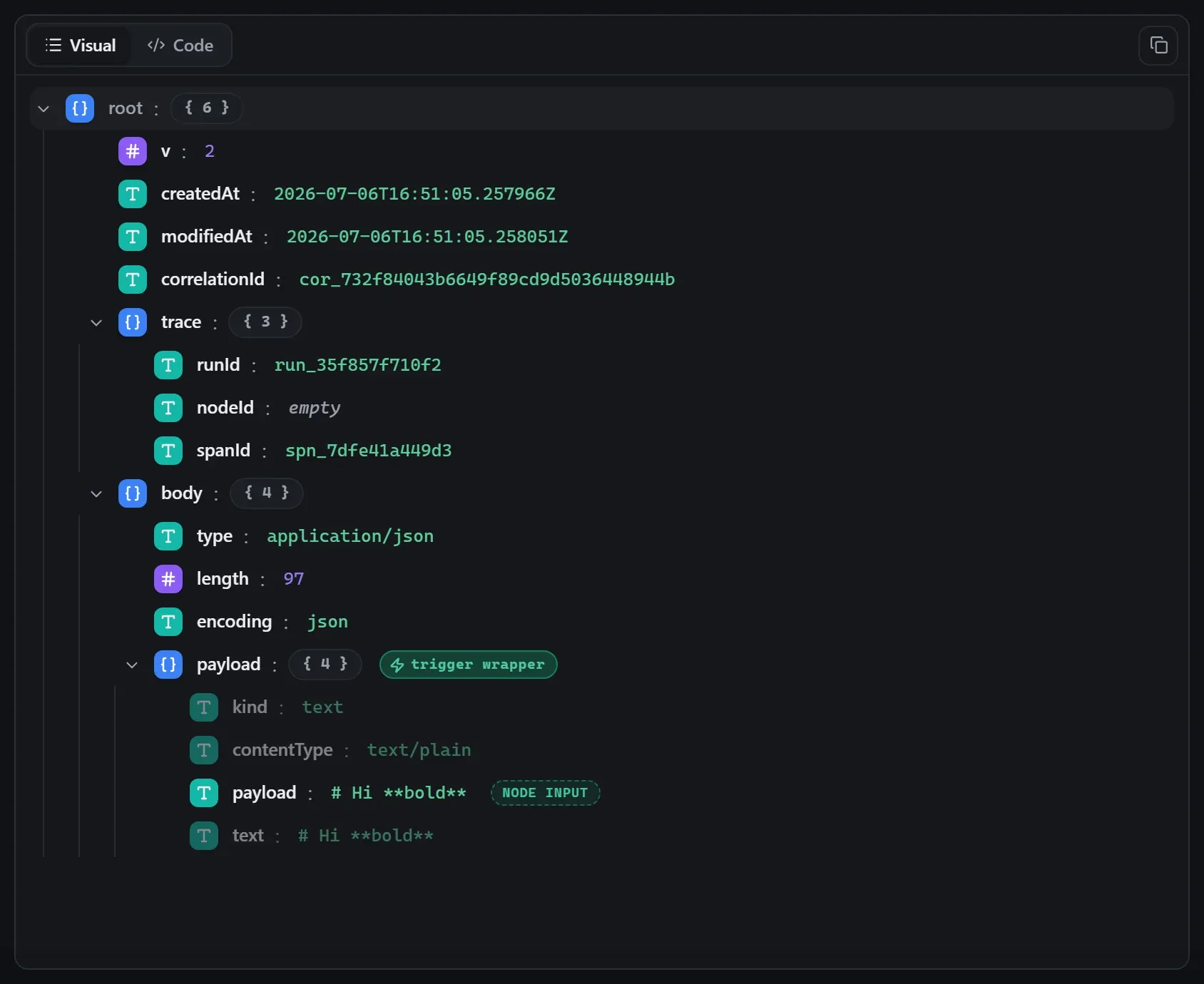 The Markdown node's input envelope in the run data viewer