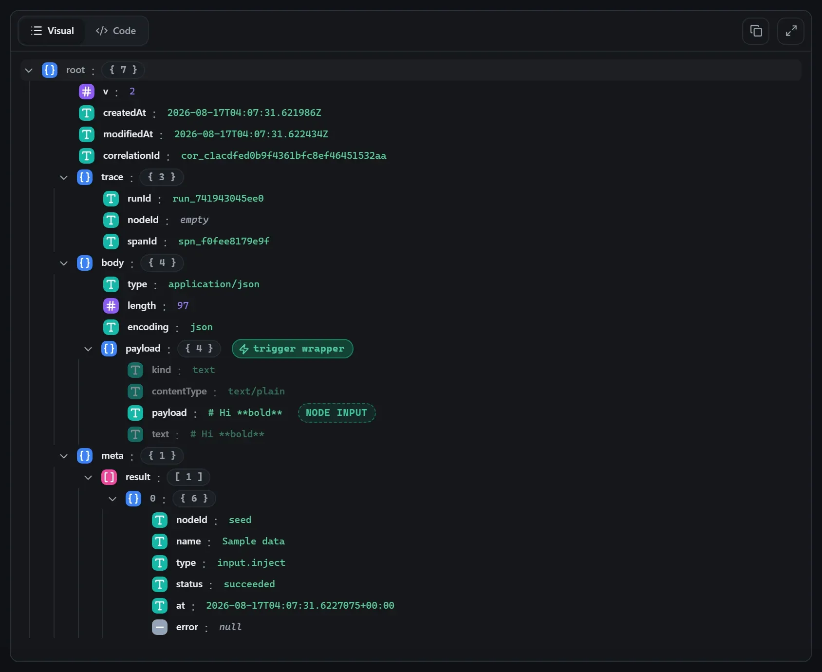 The Markdown node's input envelope in the run data viewer