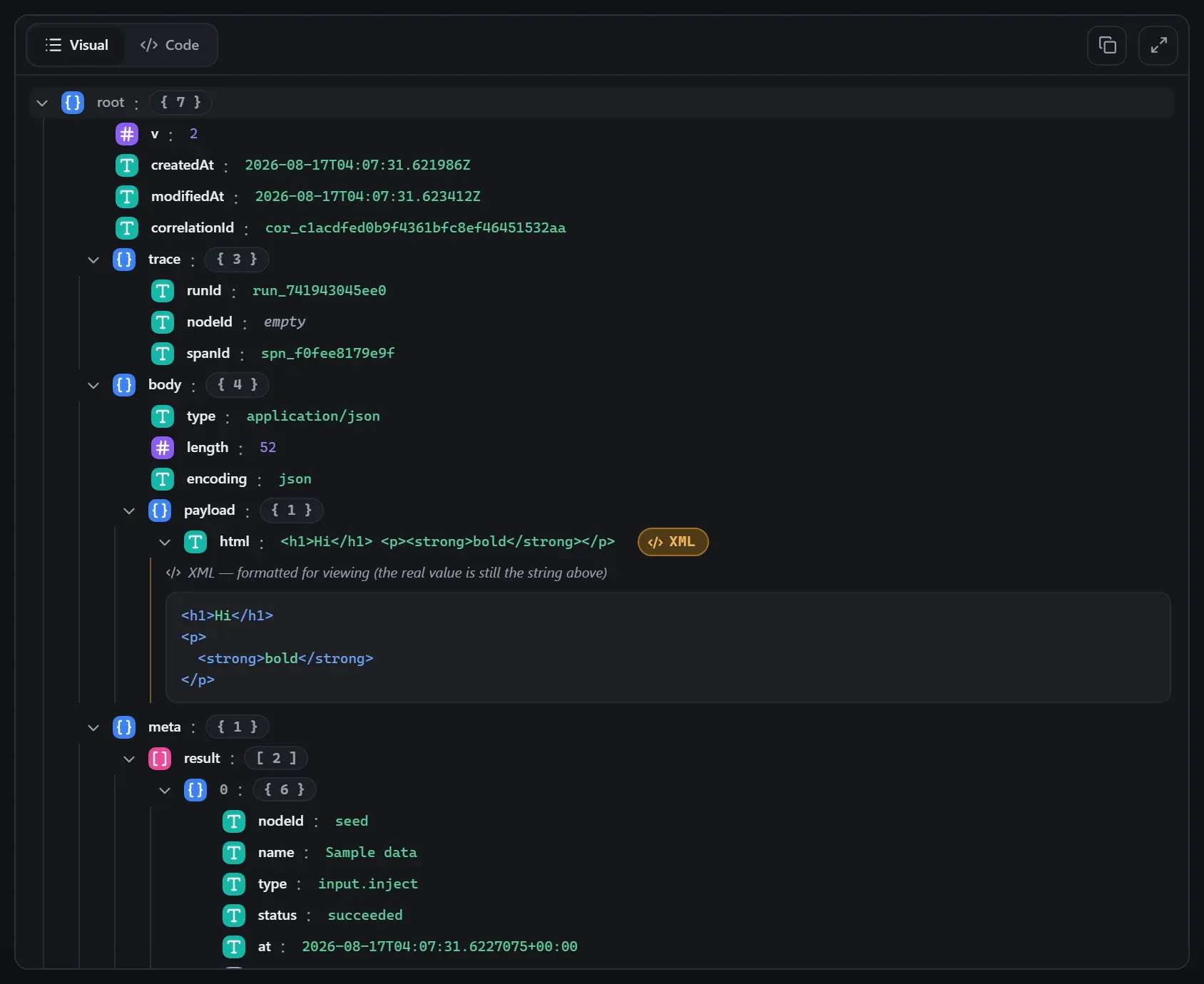 The Markdown node's output envelope in the run data viewer