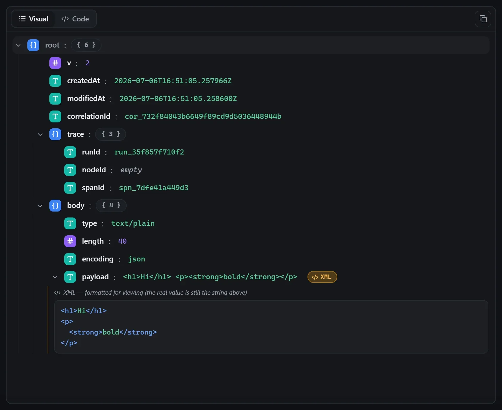 The Markdown node's output envelope in the run data viewer