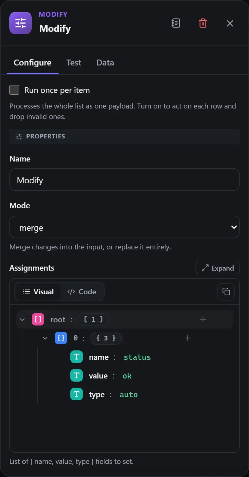 The Modify node's Configure panel in the Studio builder