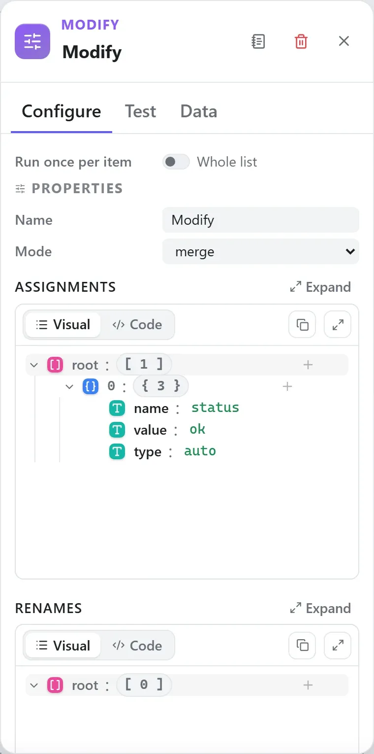 The Modify node's settings in the Studio builder