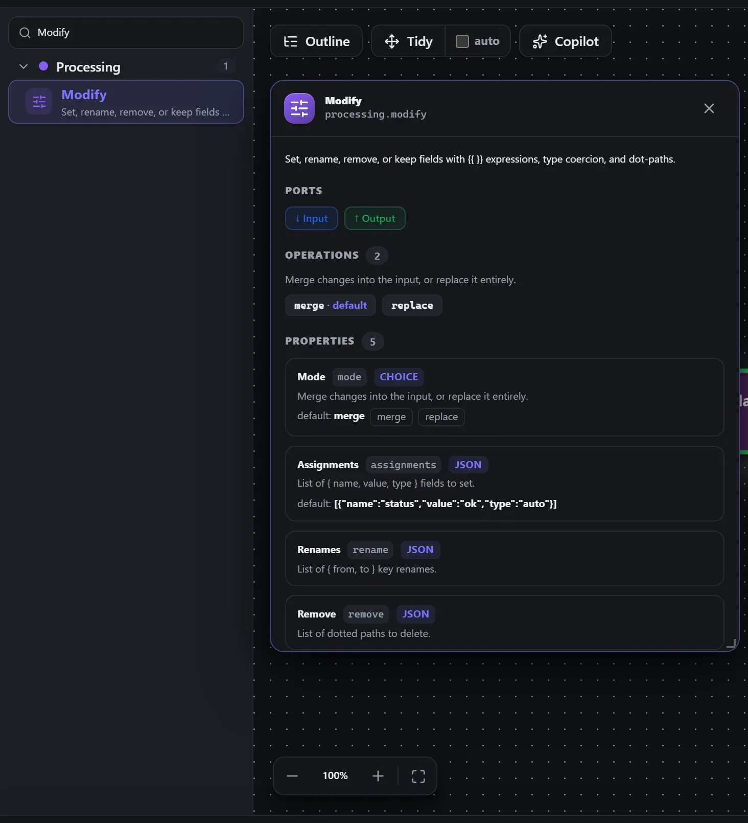 Modify in the node library, with the in-editor docs panel open