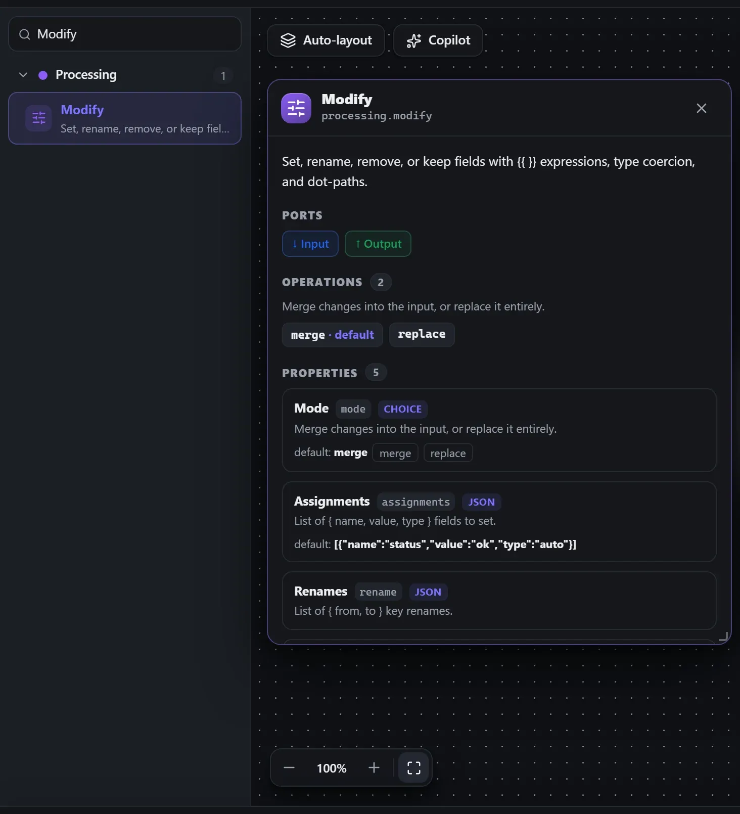 Modify in the node library, with the in-editor docs panel open