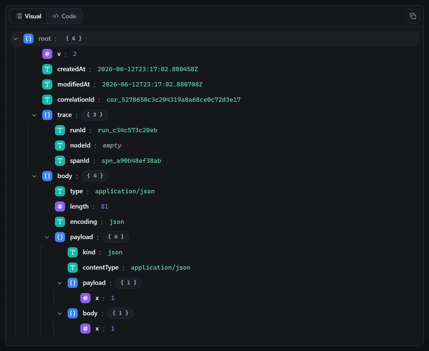 The Modify node's input envelope in the run data viewer