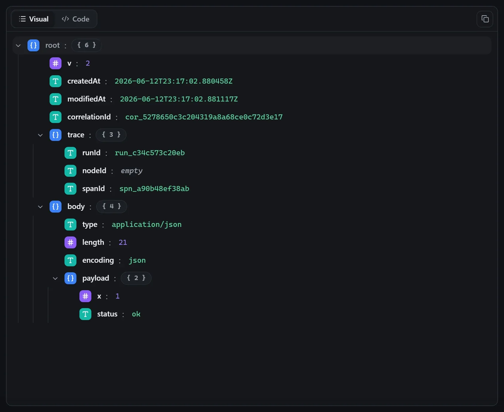 The Modify node's output envelope in the run data viewer