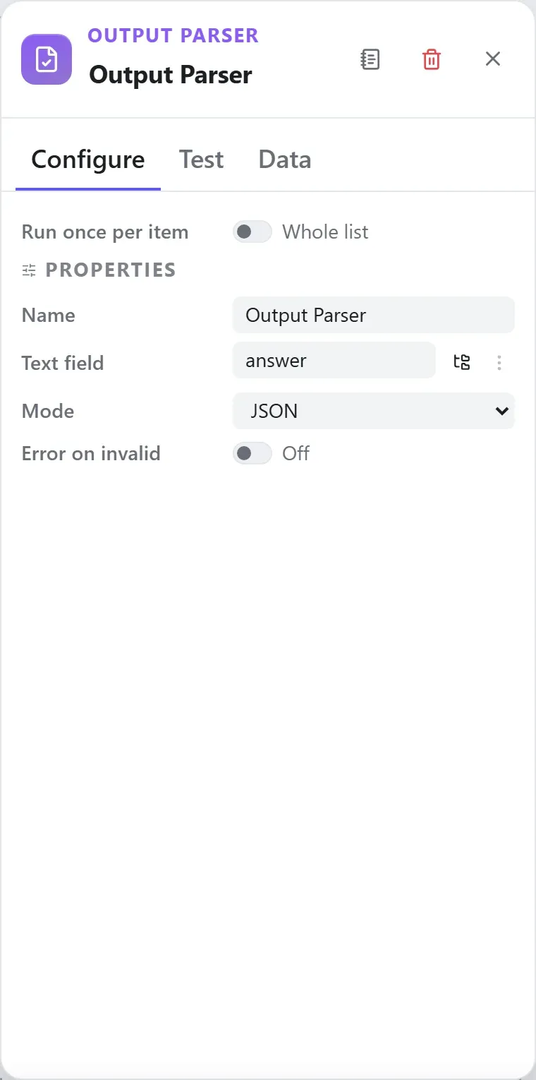 The Output Parser node's settings in the Studio builder
