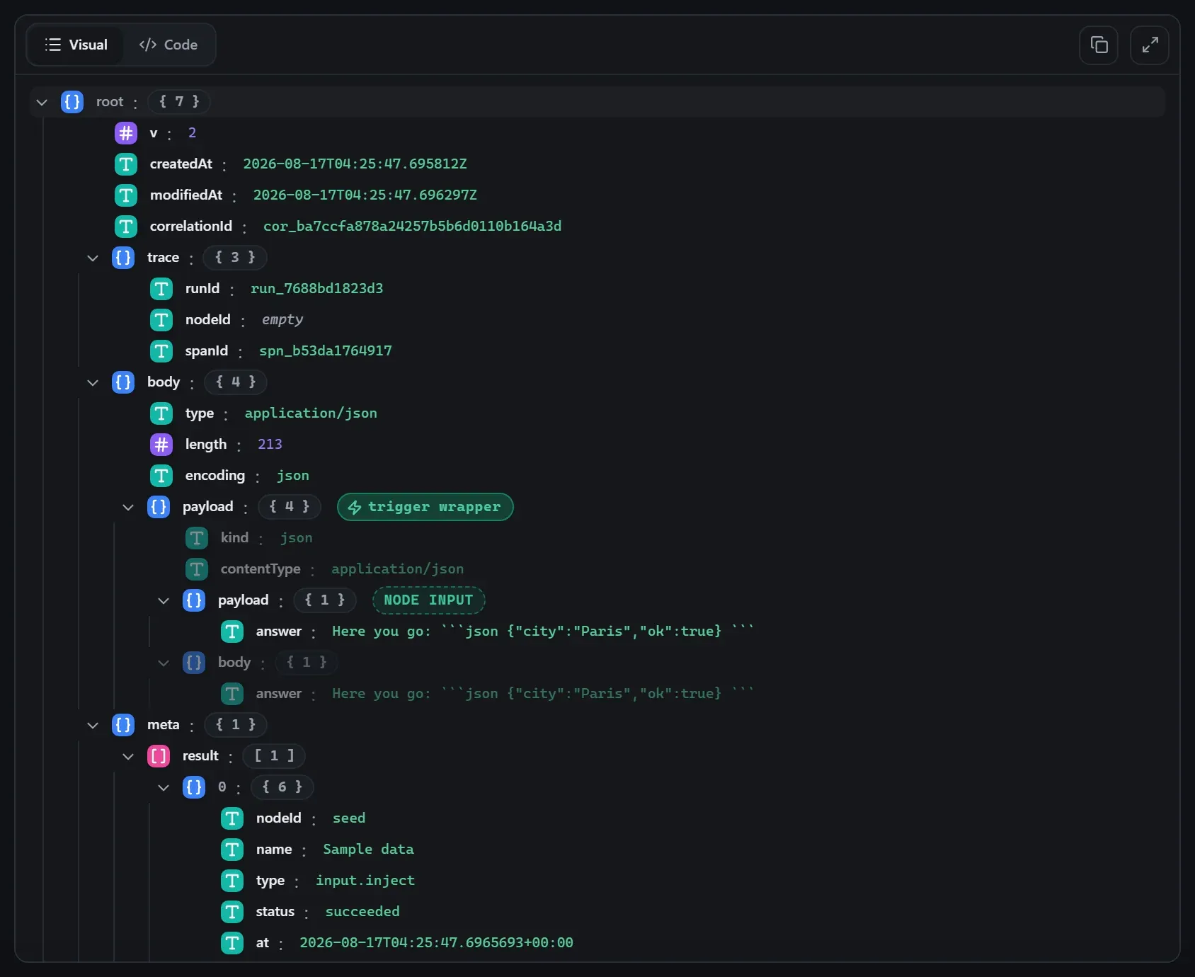 The Output Parser node's input envelope in the run data viewer
