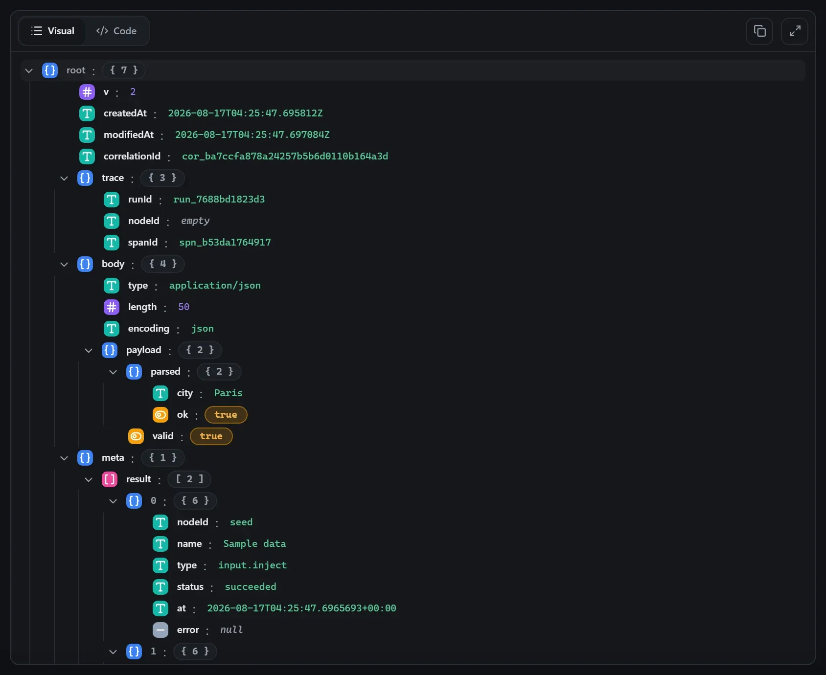 The Output Parser node's output envelope in the run data viewer