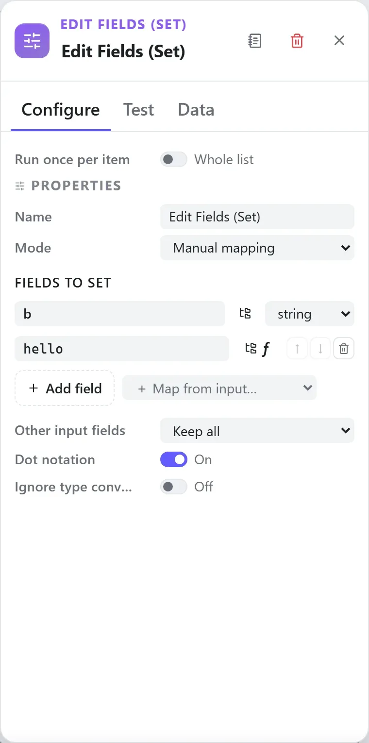 The Edit Fields (Set) node's settings in the Studio builder