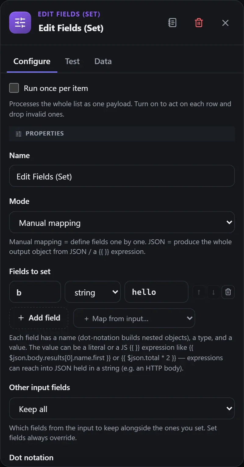 The Edit Fields (Set) node's Configure panel in the Studio builder