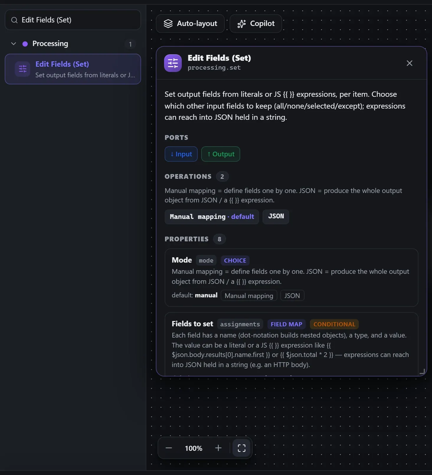 Edit Fields (Set) in the node library, with the in-editor docs panel open