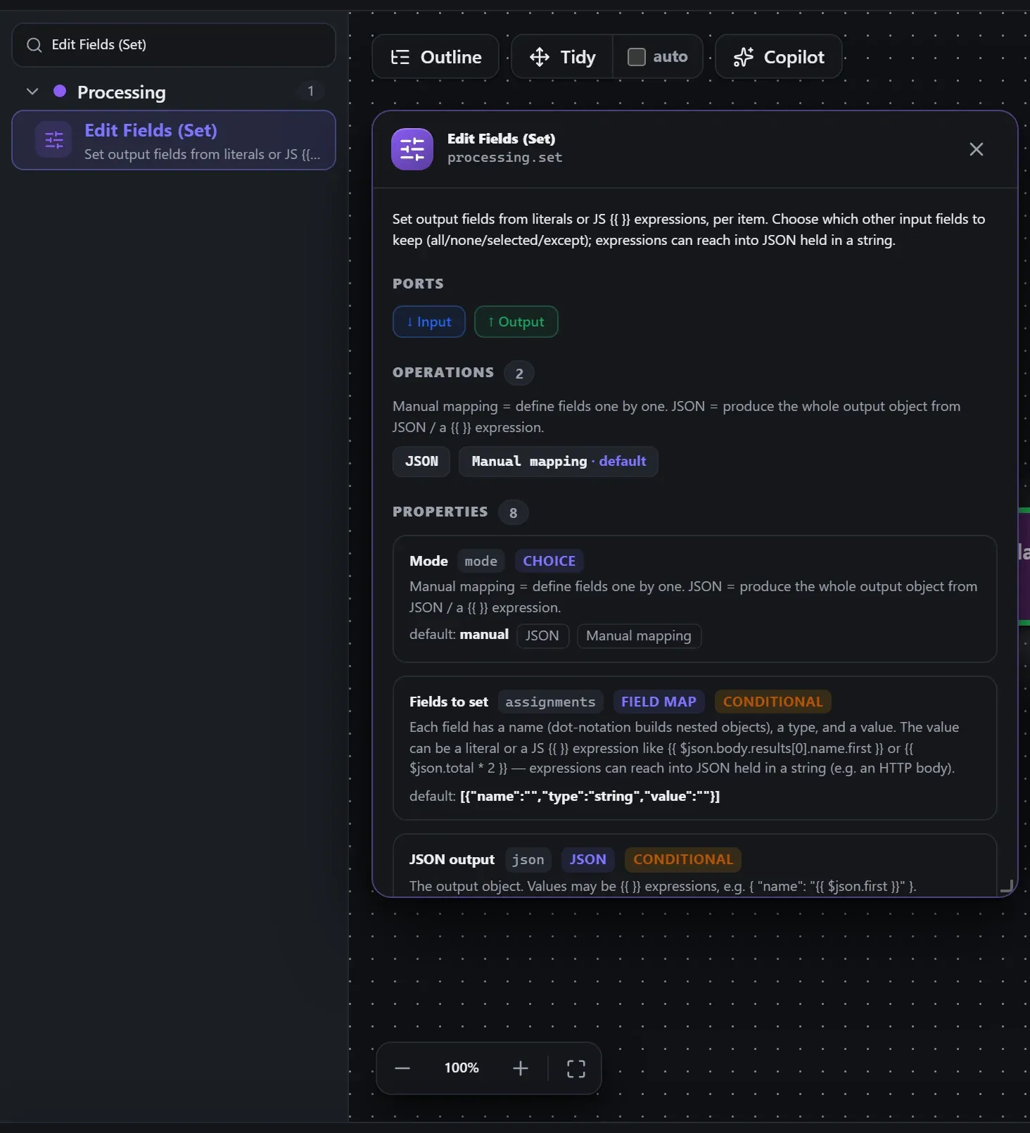 Edit Fields (Set) in the node library, with the in-editor docs panel open