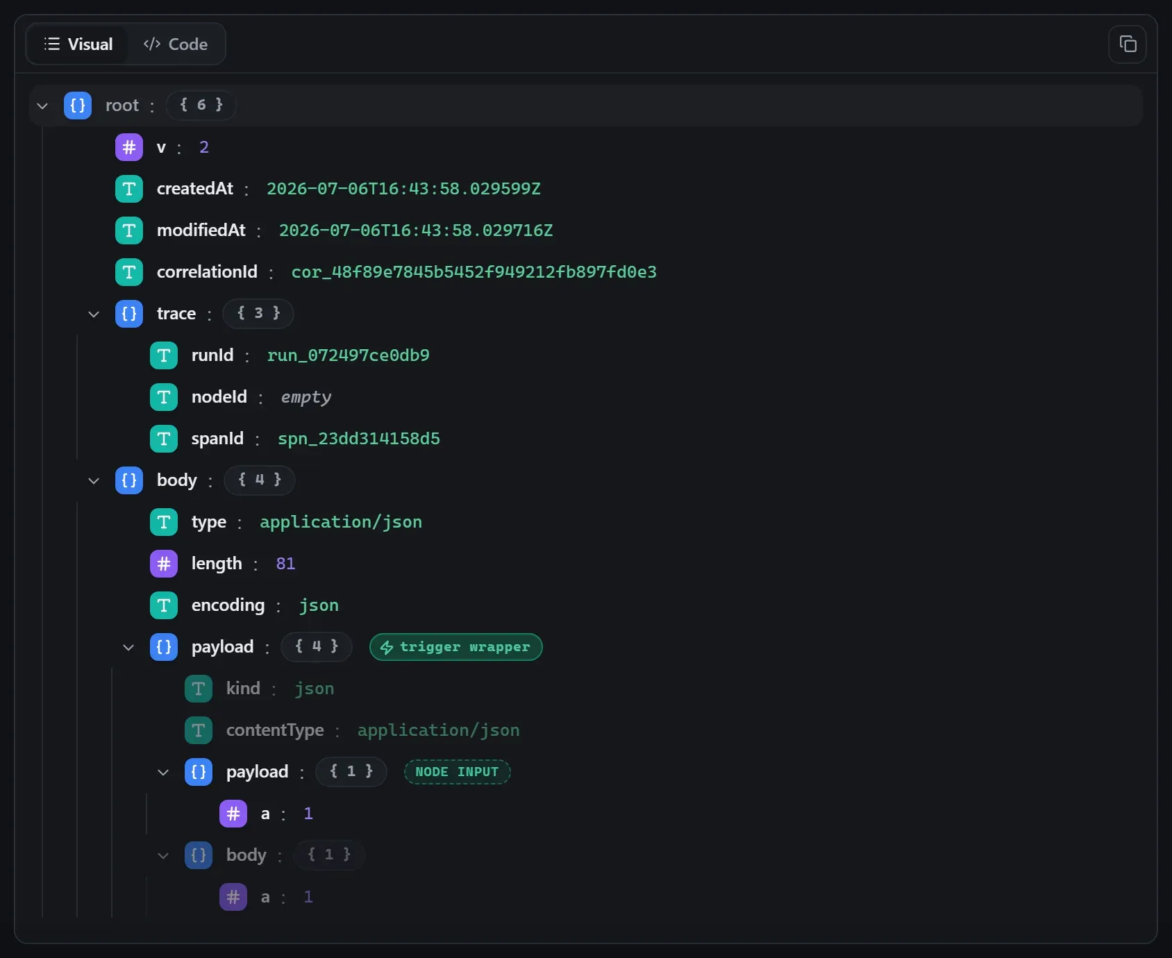The Edit Fields (Set) node's input envelope in the run data viewer